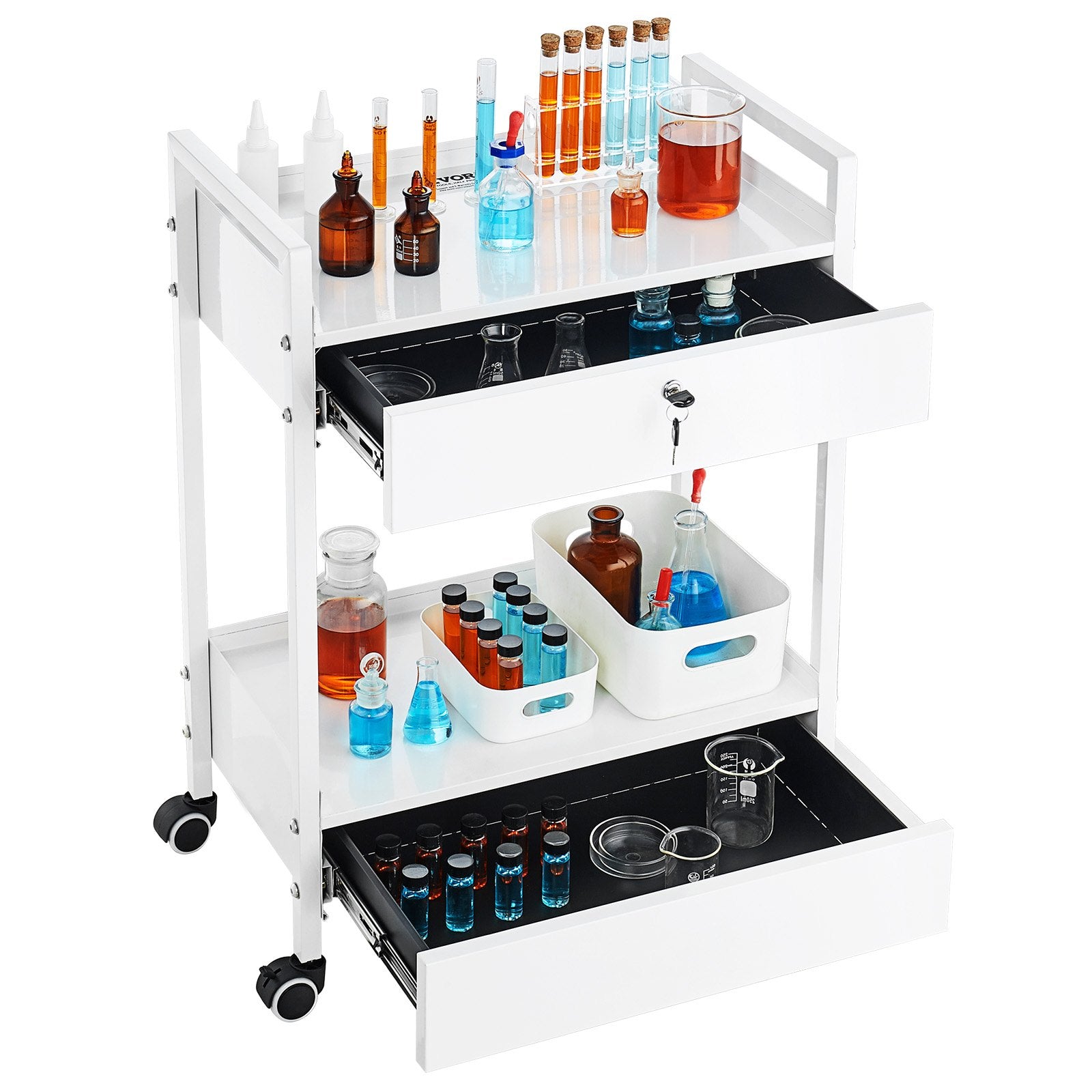Lab Cart 2-Tier Stainless Steel Utility Rolling Cart Drawers Medical White