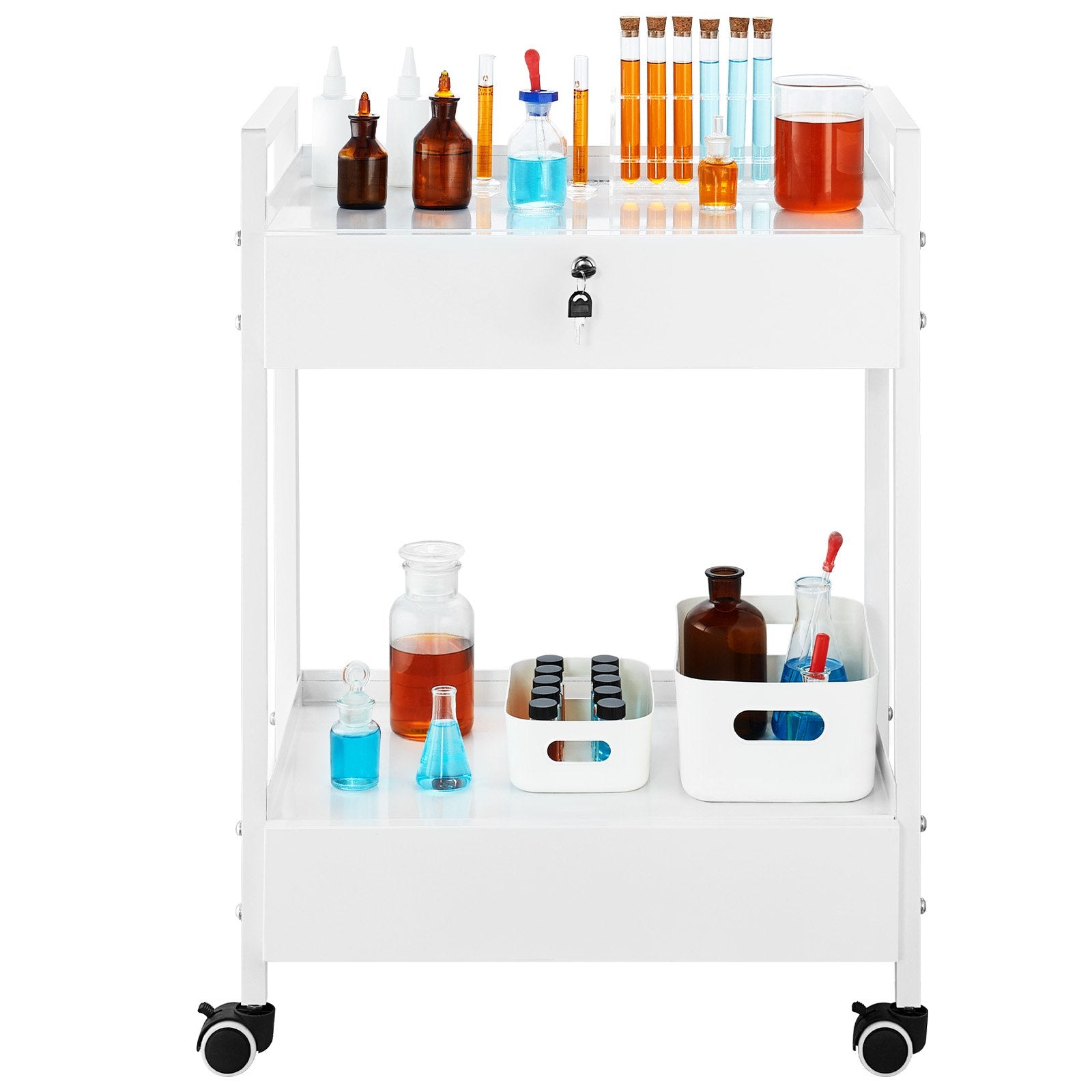Lab Cart 2-Tier Stainless Steel Utility Rolling Cart Drawers Medical White