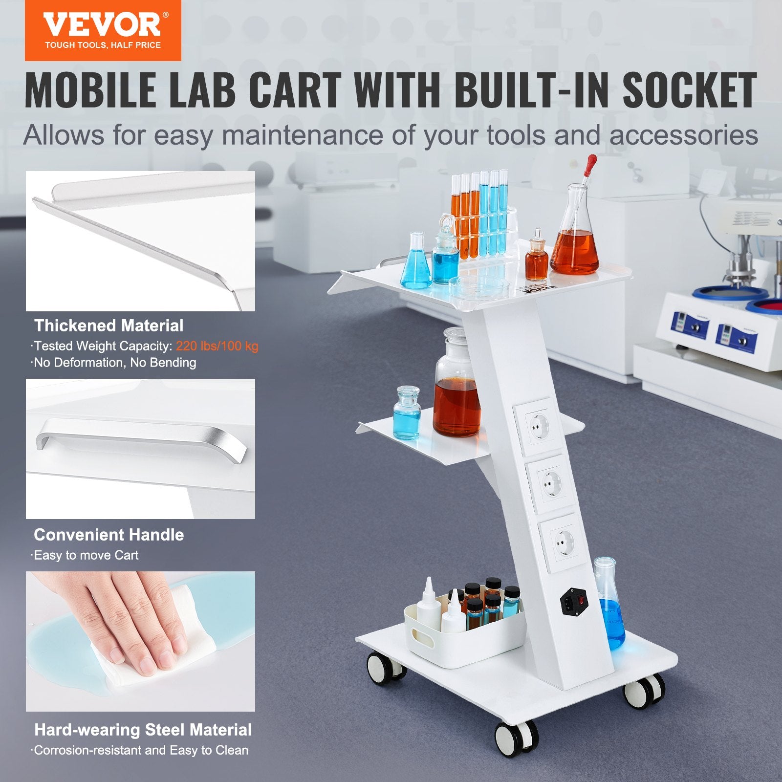 Lab Trolley 3-Layer Rolling Cart Built-in Socket Metal Mobile Tray Cart 220lbs