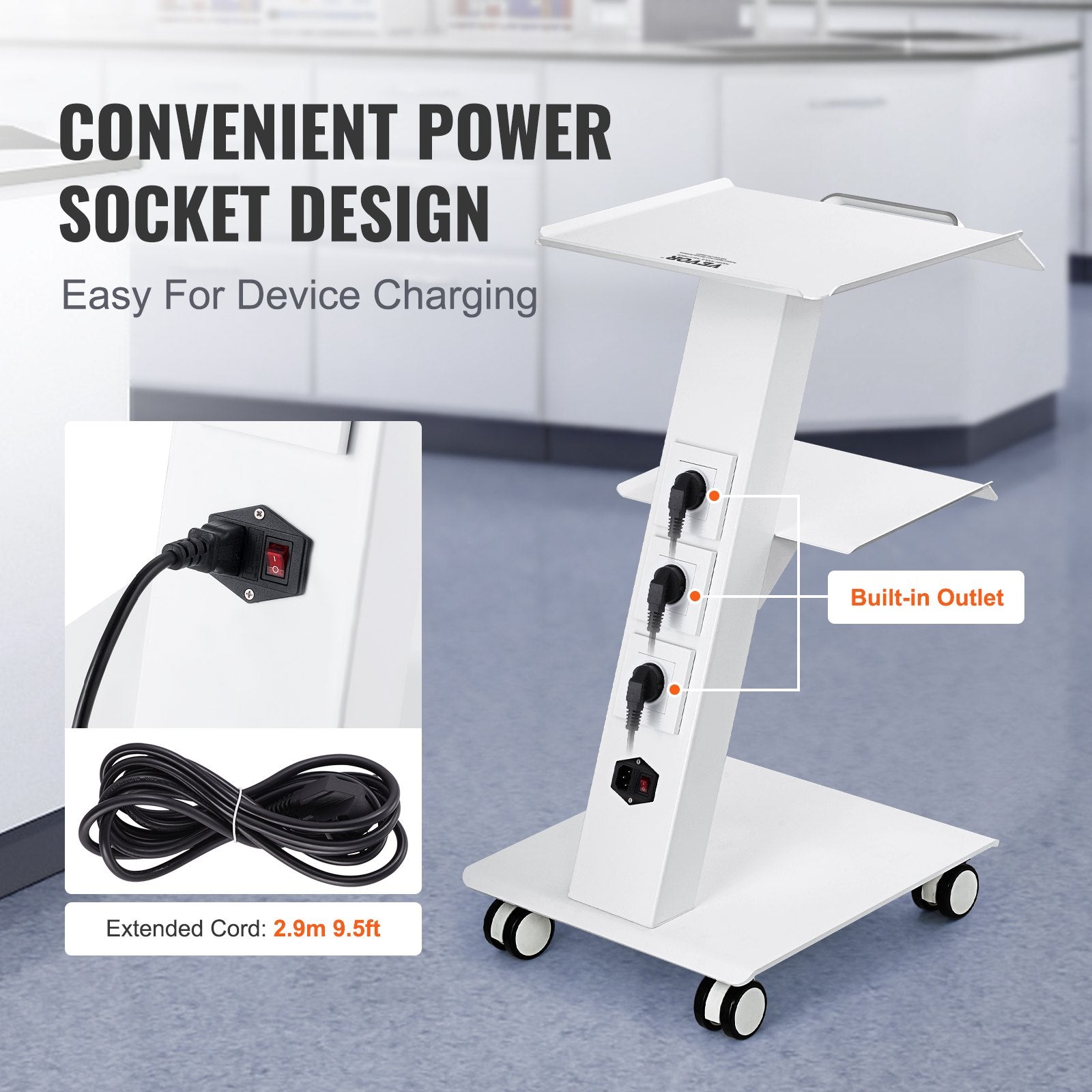 Lab Trolley 3-Layer Rolling Cart Built-in Socket Metal Mobile Tray Cart 220lbs