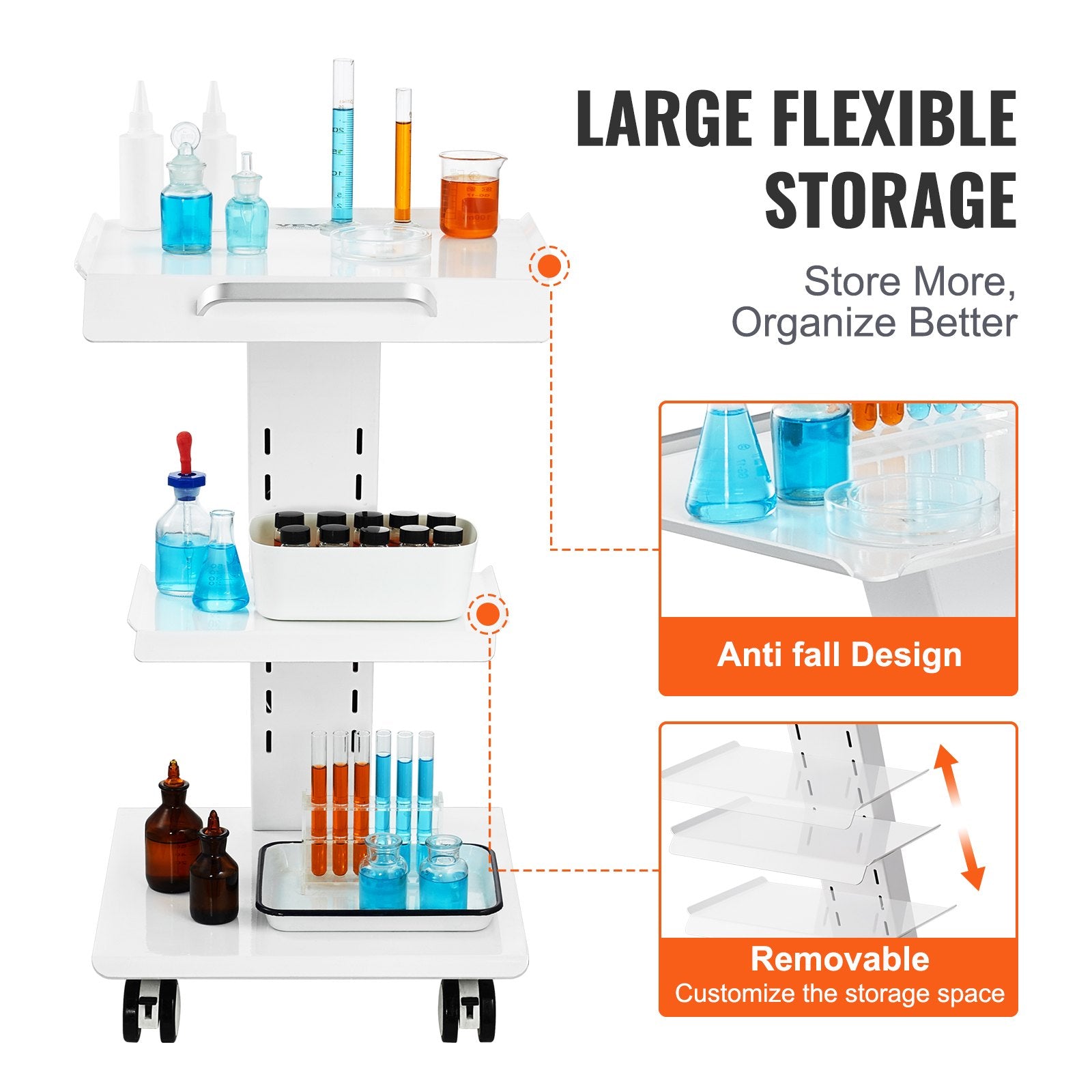 Lab Trolley 3-Layer Rolling Cart Built-in Socket Metal Mobile Tray Cart 220lbs