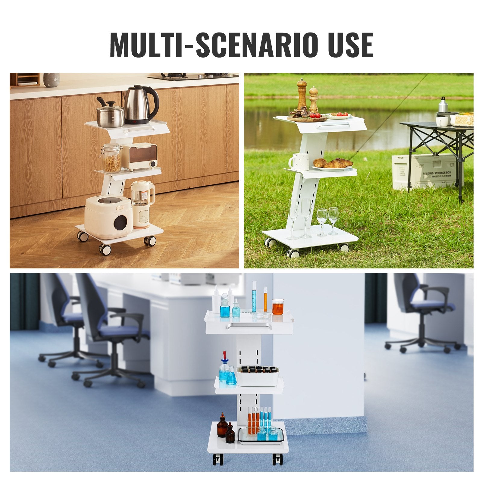 Lab Trolley 3-Layer Rolling Cart Built-in Socket Metal Mobile Tray Cart 220lbs