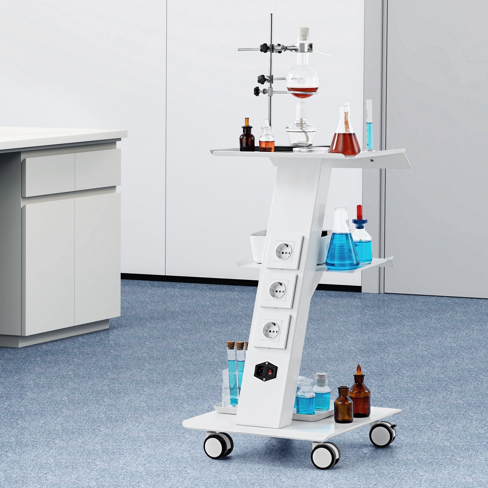 Lab Trolley 3-Layer Rolling Cart Built-in Socket Metal Mobile Tray Cart 220lbs