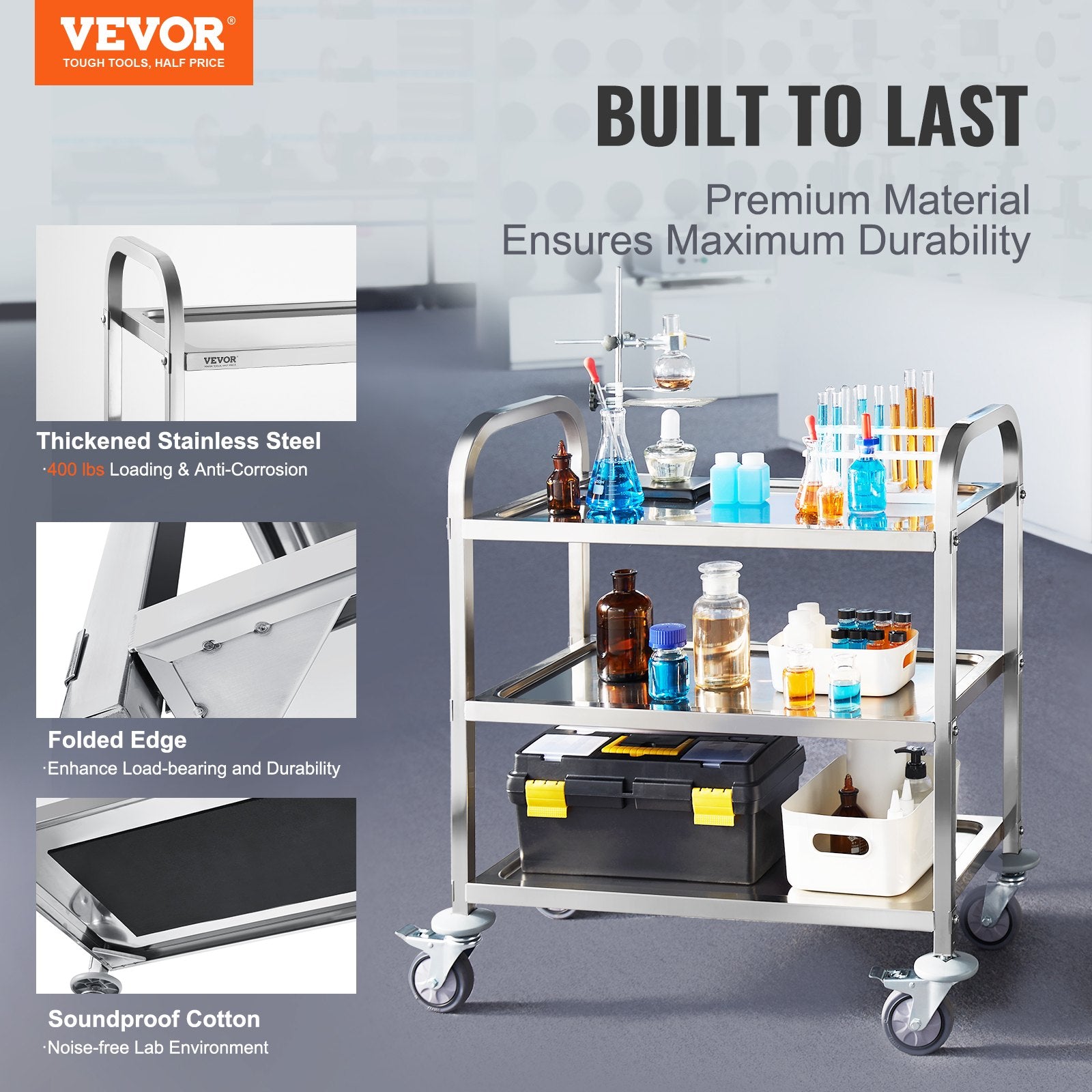 Stainless Steel Cart 3-Layer Lab Utility Lockable Wheels Medical Cart 181kg