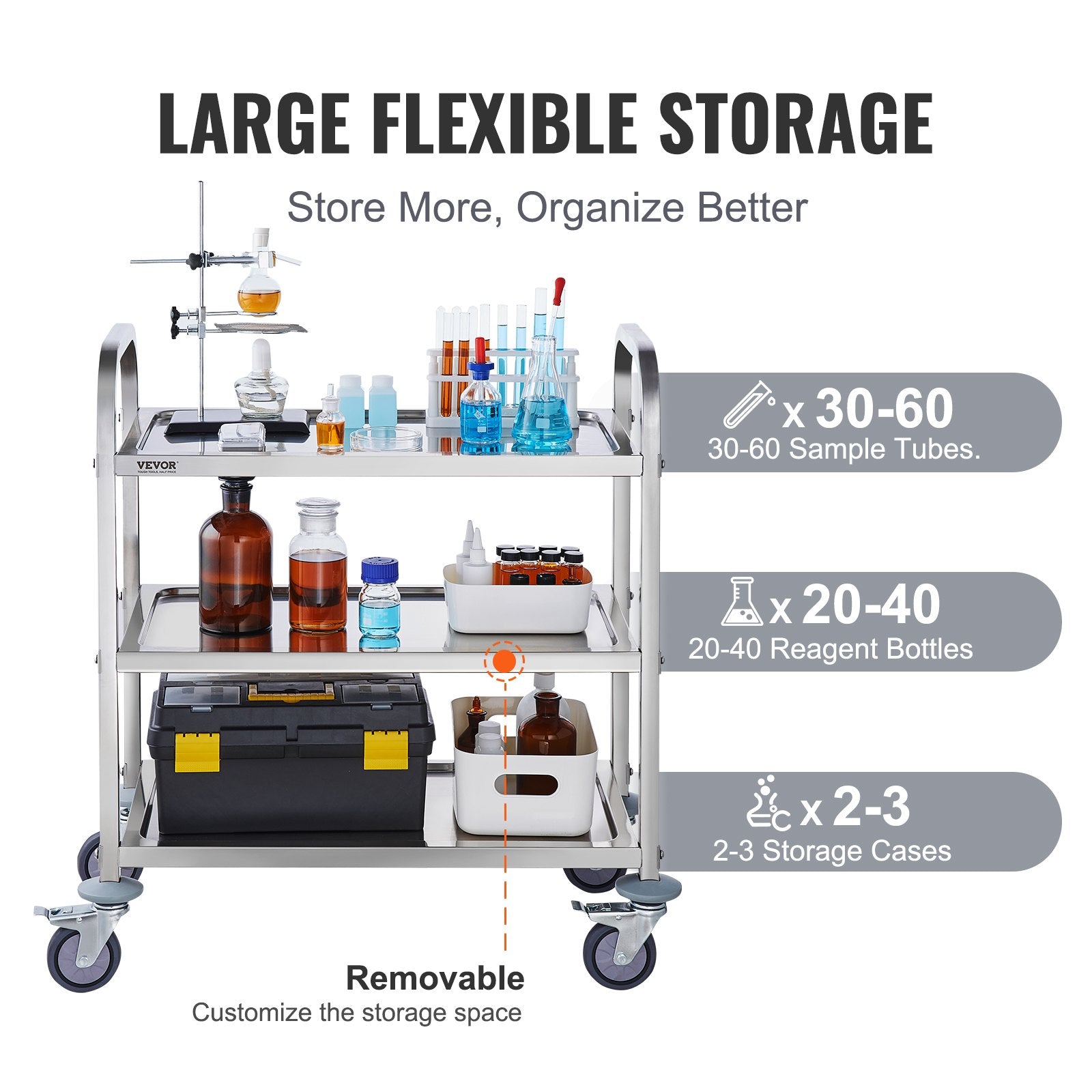 Stainless Steel Cart 3-Layer Lab Utility Lockable Wheels Medical Cart 181kg