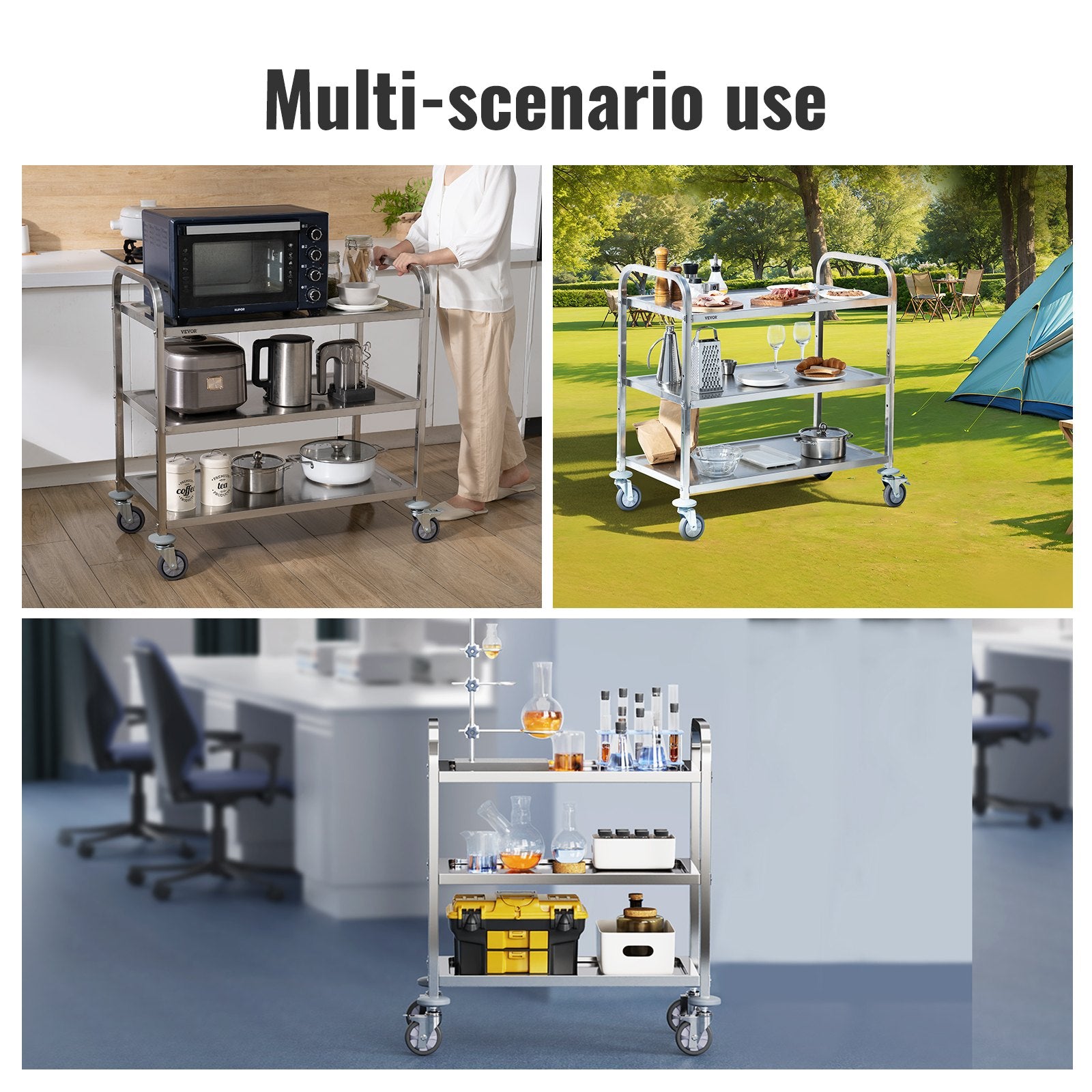 Stainless Steel Cart 3-Layer Lab Utility Lockable Wheels Medical Cart 181kg