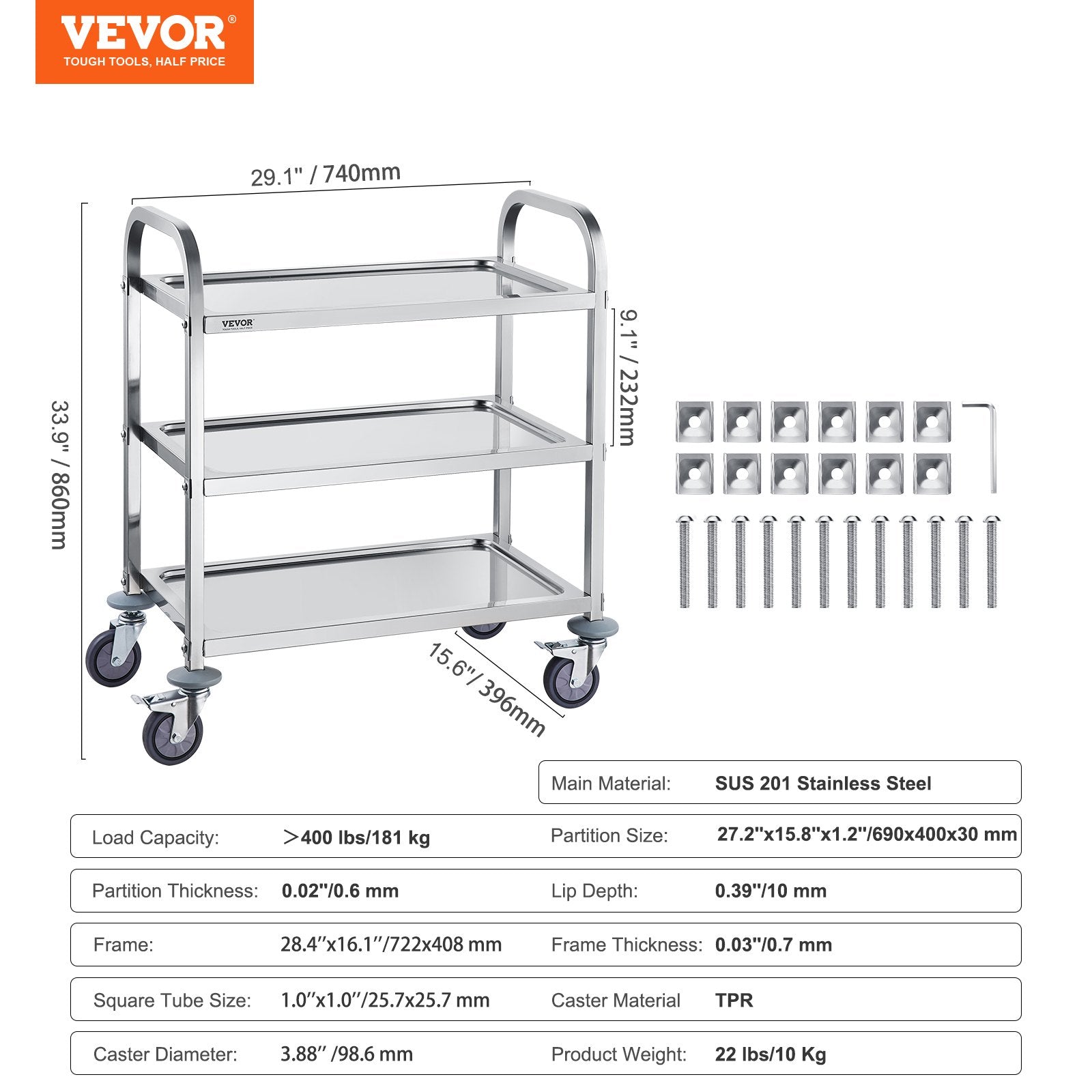 Stainless Steel Cart 3-Layer Lab Utility Lockable Wheels Medical Cart 181kg