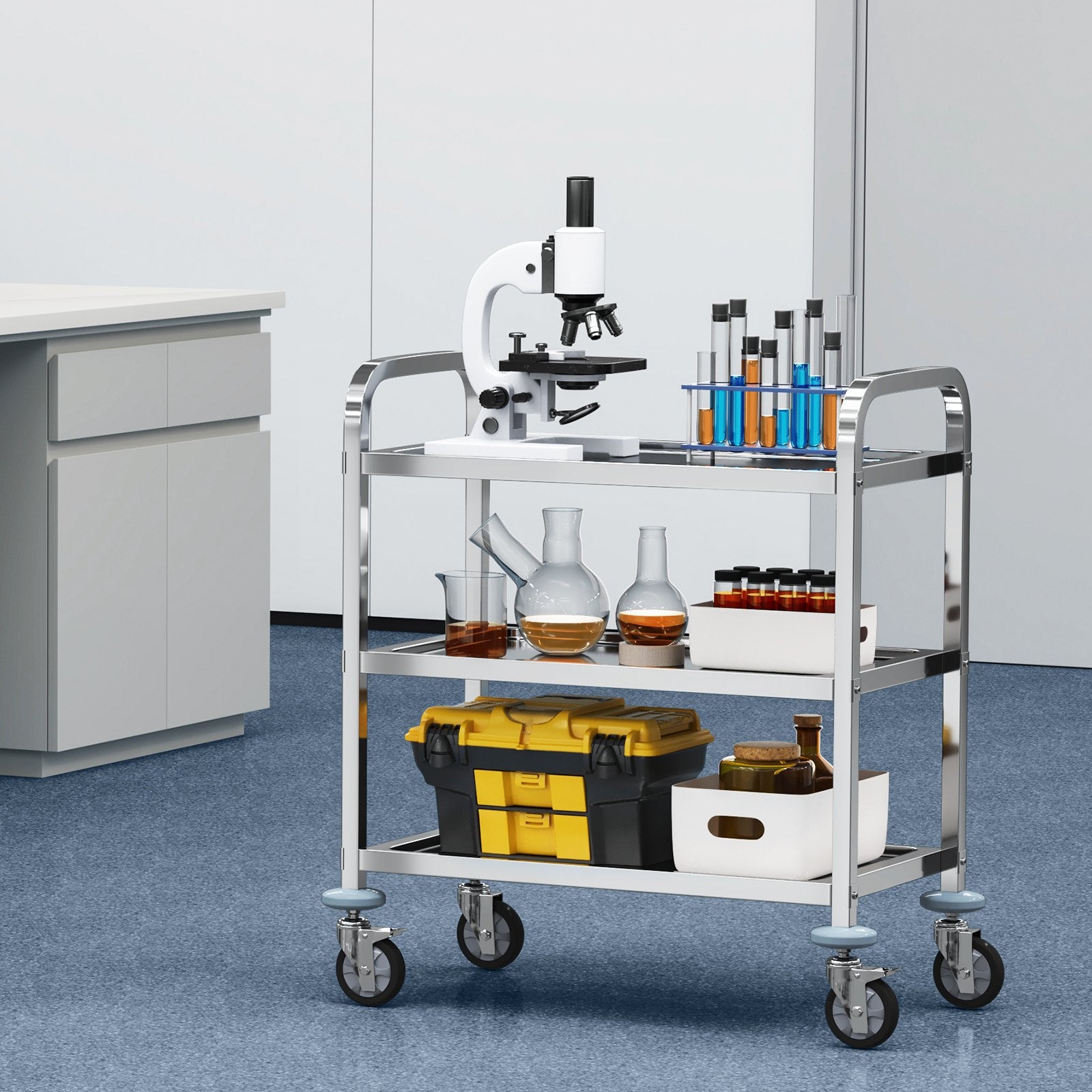 Stainless Steel Cart 3-Layer Lab Utility Lockable Wheels Medical Cart 181kg
