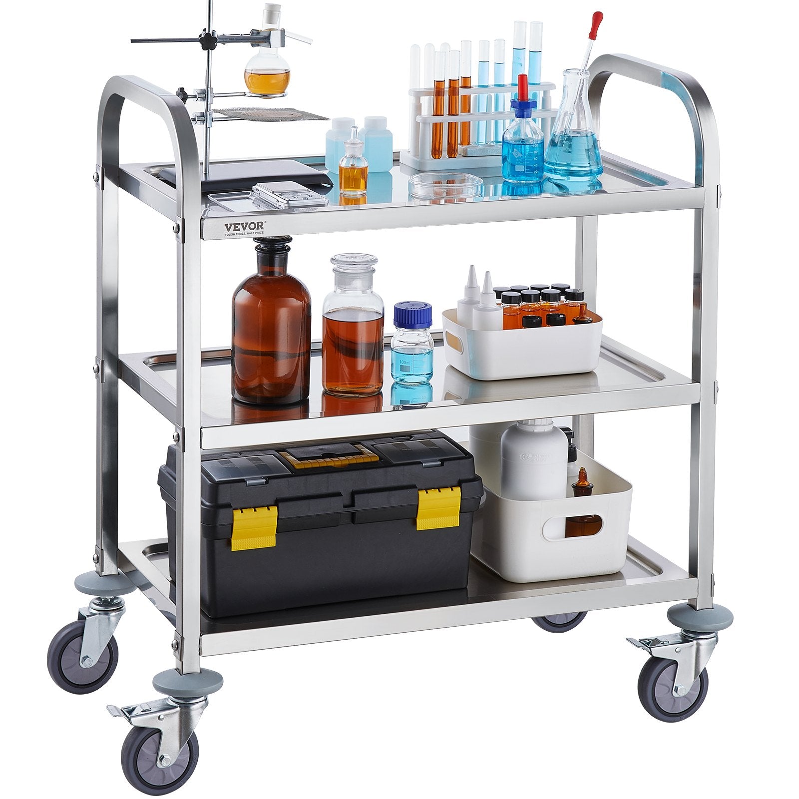Stainless Steel Cart 3-Layer Lab Utility Lockable Wheels Medical Cart 181kg