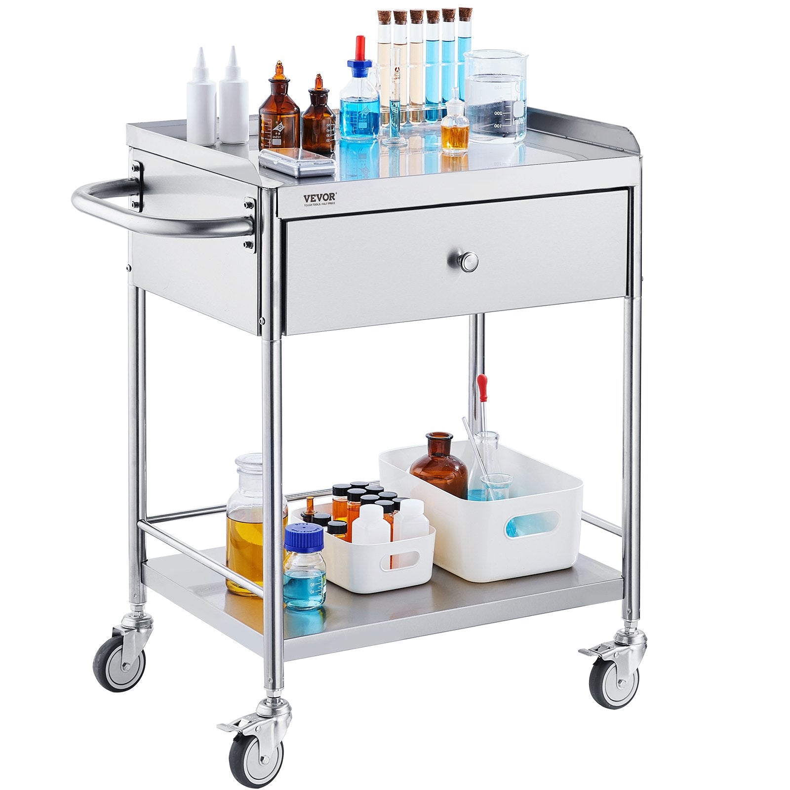2-Layer Stainless Steel Medical Cart, 100 kg Capacity with Drawer & 360° Wheels