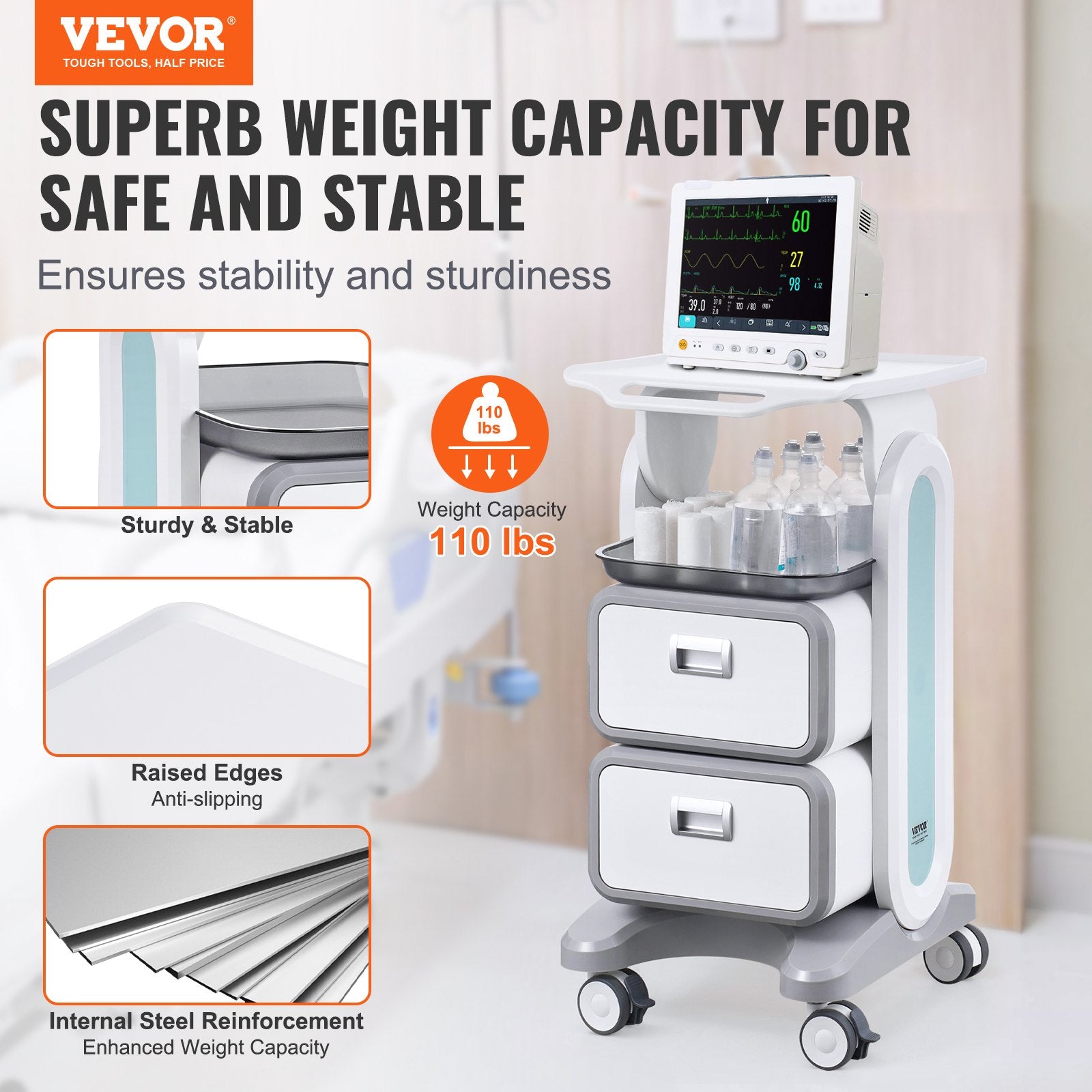 3-Tier Lab Utility Cart with 2 Drawers 1 Top Tray ABS Mobile Cart White