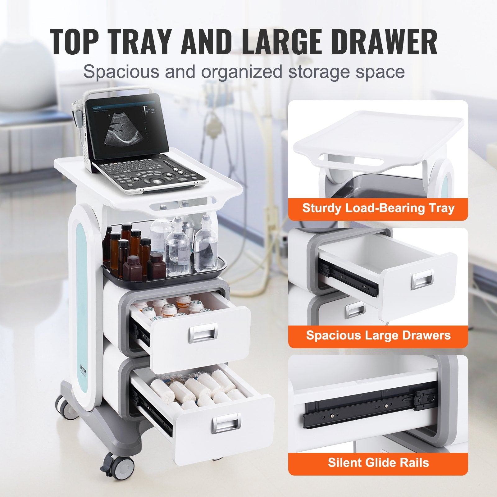 3-Tier Lab Utility Cart with 2 Drawers 1 Top Tray ABS Mobile Cart White