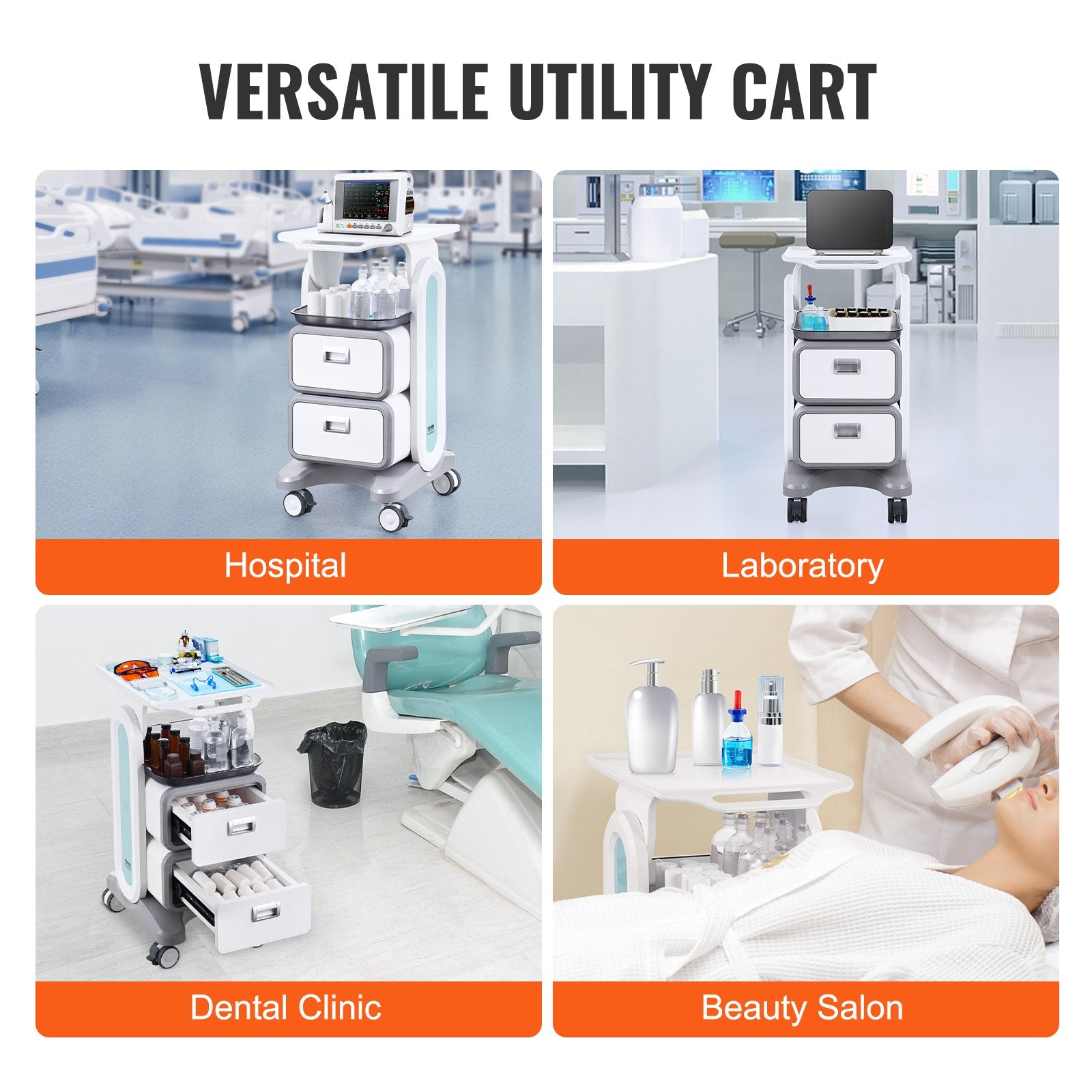 3-Tier Lab Utility Cart with 2 Drawers 1 Top Tray ABS Mobile Cart White
