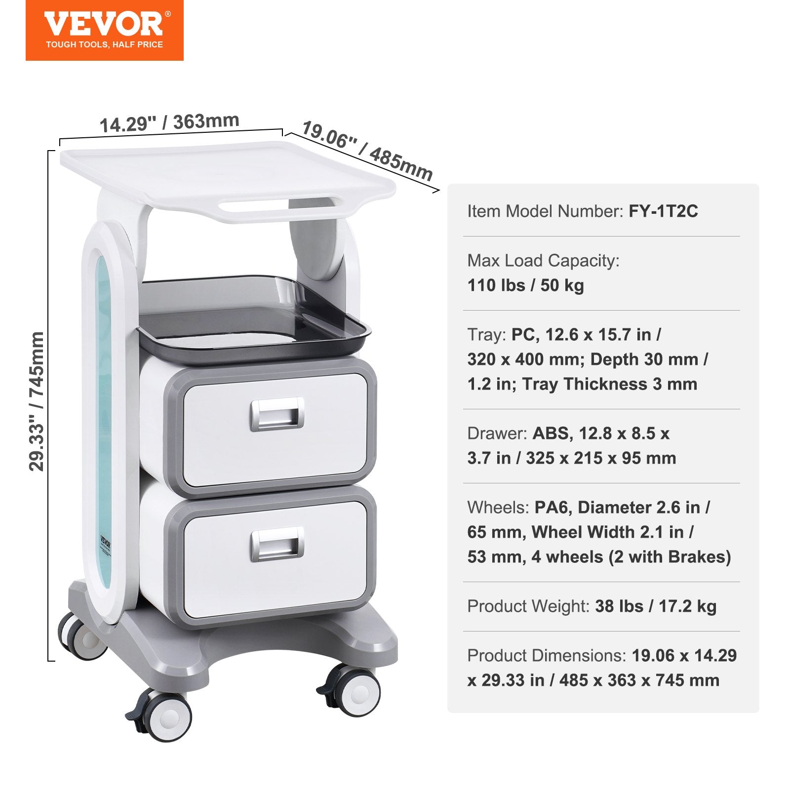 3-Tier Lab Utility Cart with 2 Drawers 1 Top Tray ABS Mobile Cart White