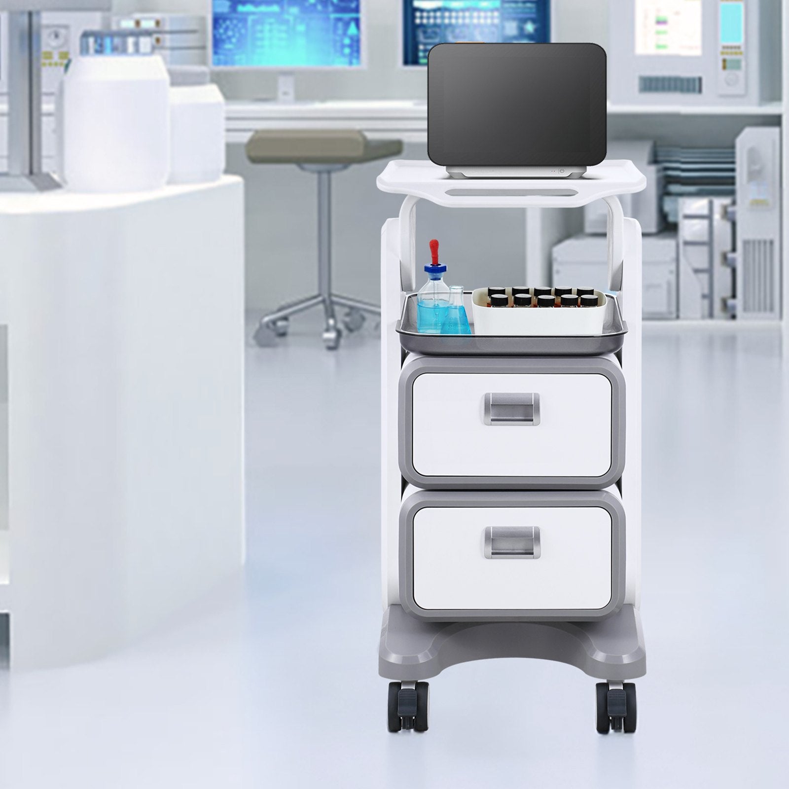 3-Tier Lab Utility Cart with 2 Drawers 1 Top Tray ABS Mobile Cart White