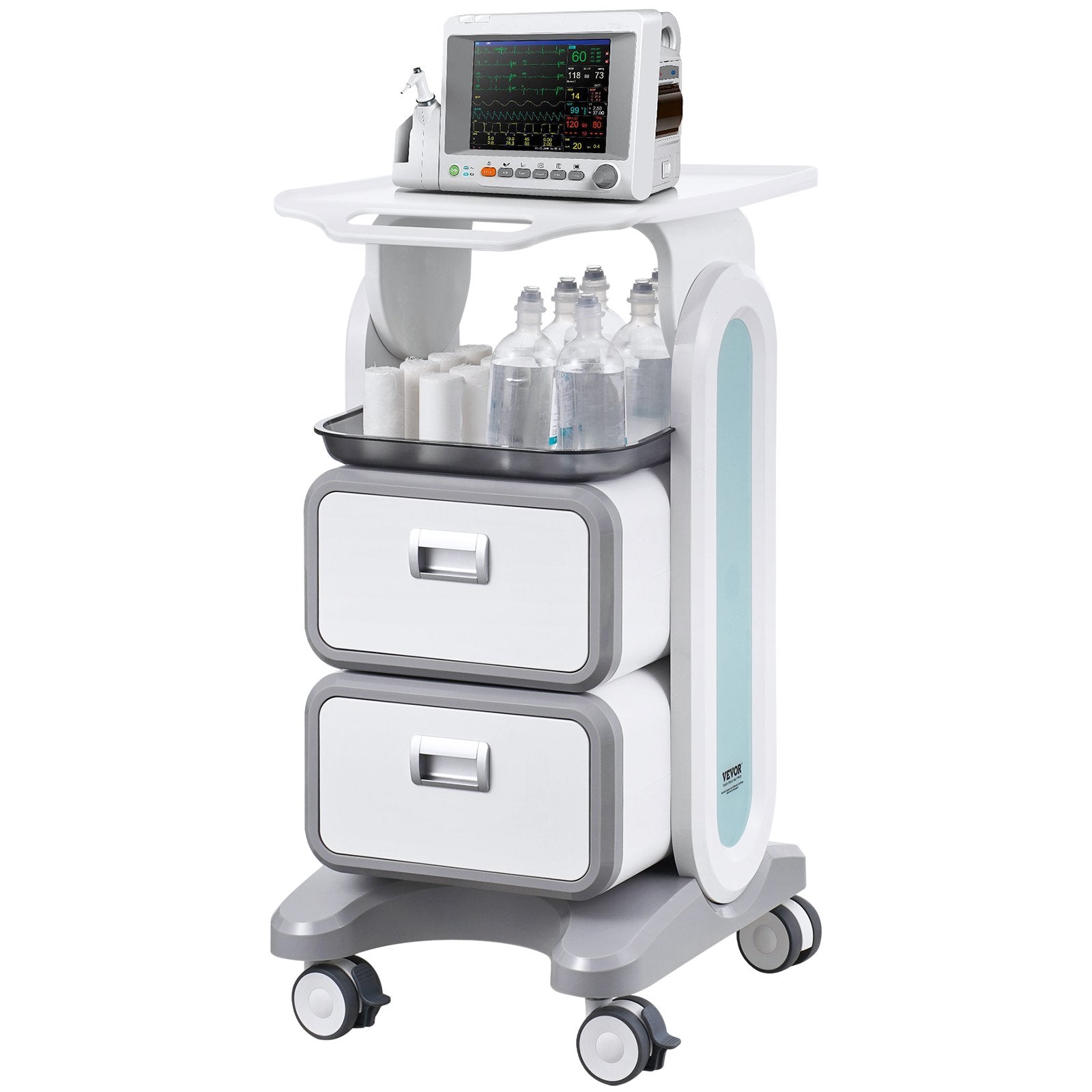 3-Tier Lab Utility Cart with 2 Drawers 1 Top Tray ABS Mobile Cart White