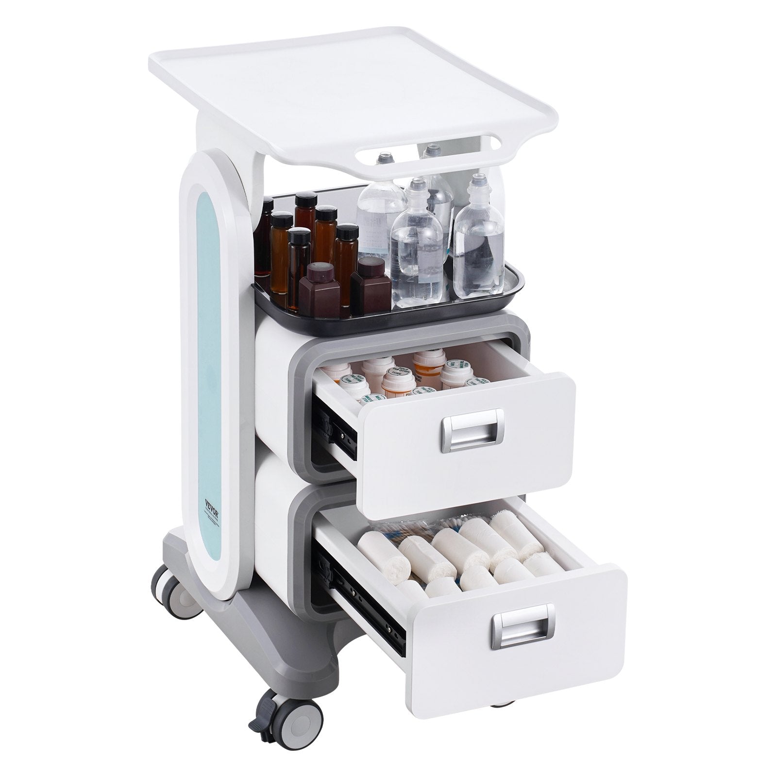3-Tier Lab Utility Cart with 2 Drawers 1 Top Tray ABS Mobile Cart White
