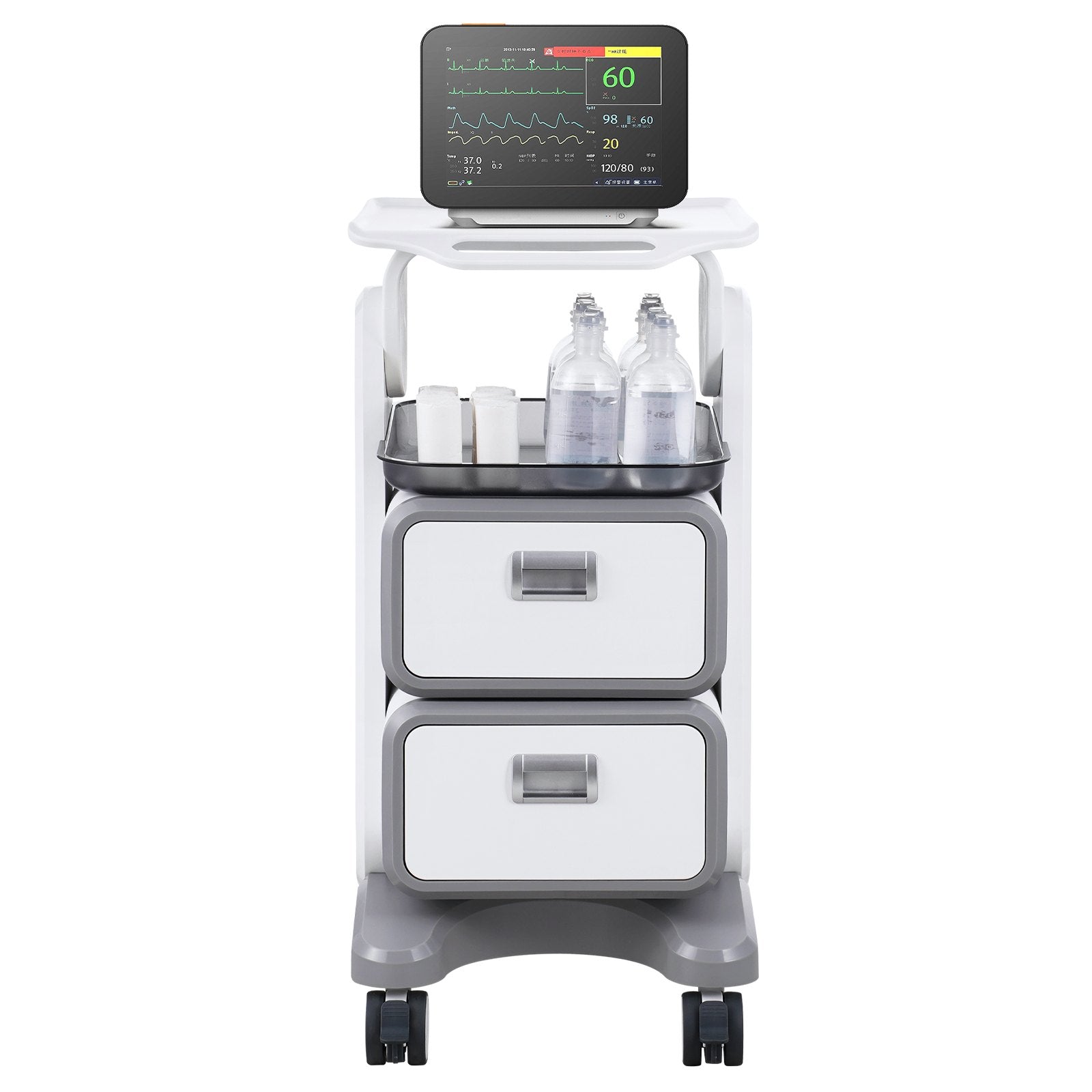 3-Tier Lab Utility Cart with 2 Drawers 1 Top Tray ABS Mobile Cart White
