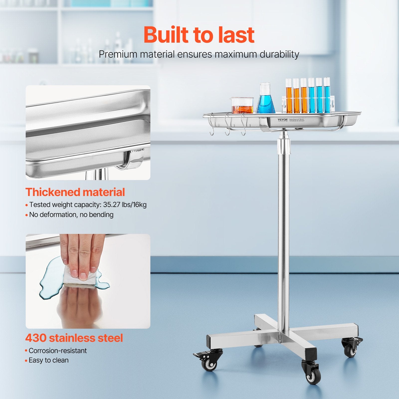 Mayo Stand Stainless Steel Tray Adjustable 25.2"-39.8" Medical Tray on Wheels