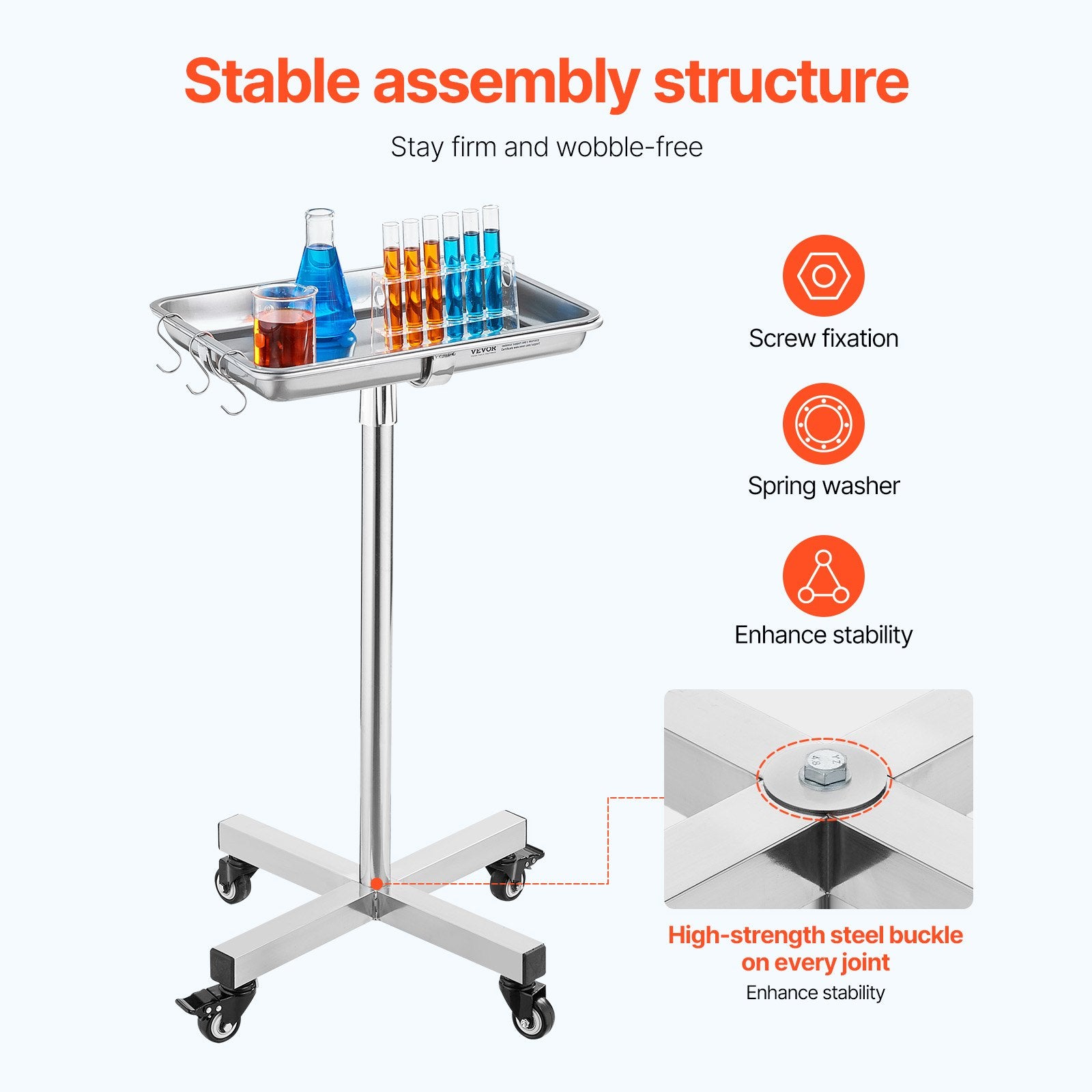 Mayo Stand Stainless Steel Tray Adjustable 25.2"-39.8" Medical Tray on Wheels