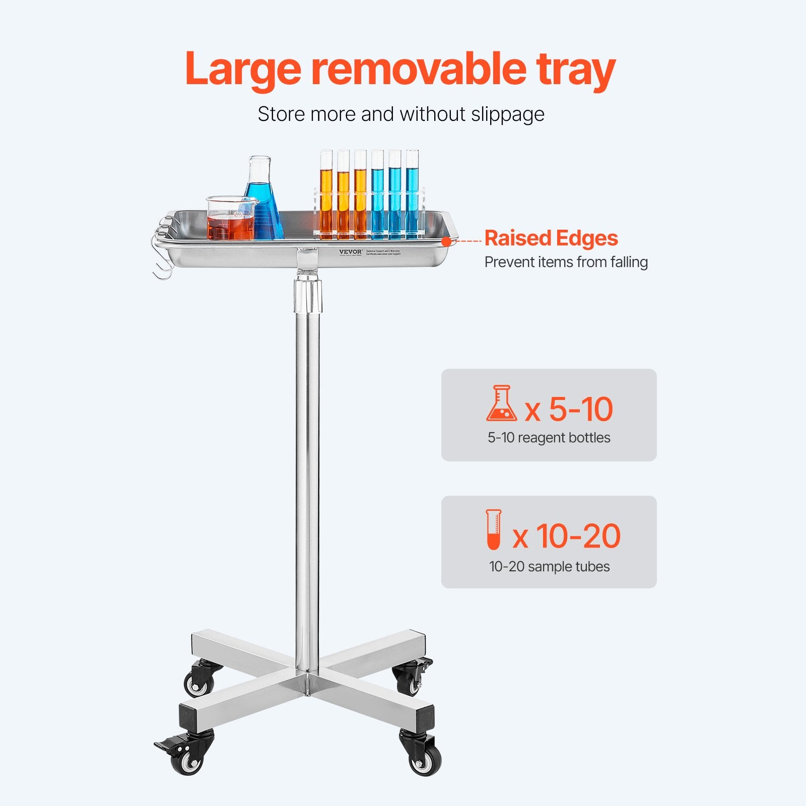 Mayo Stand Stainless Steel Tray Adjustable 25.2"-39.8" Medical Tray on Wheels