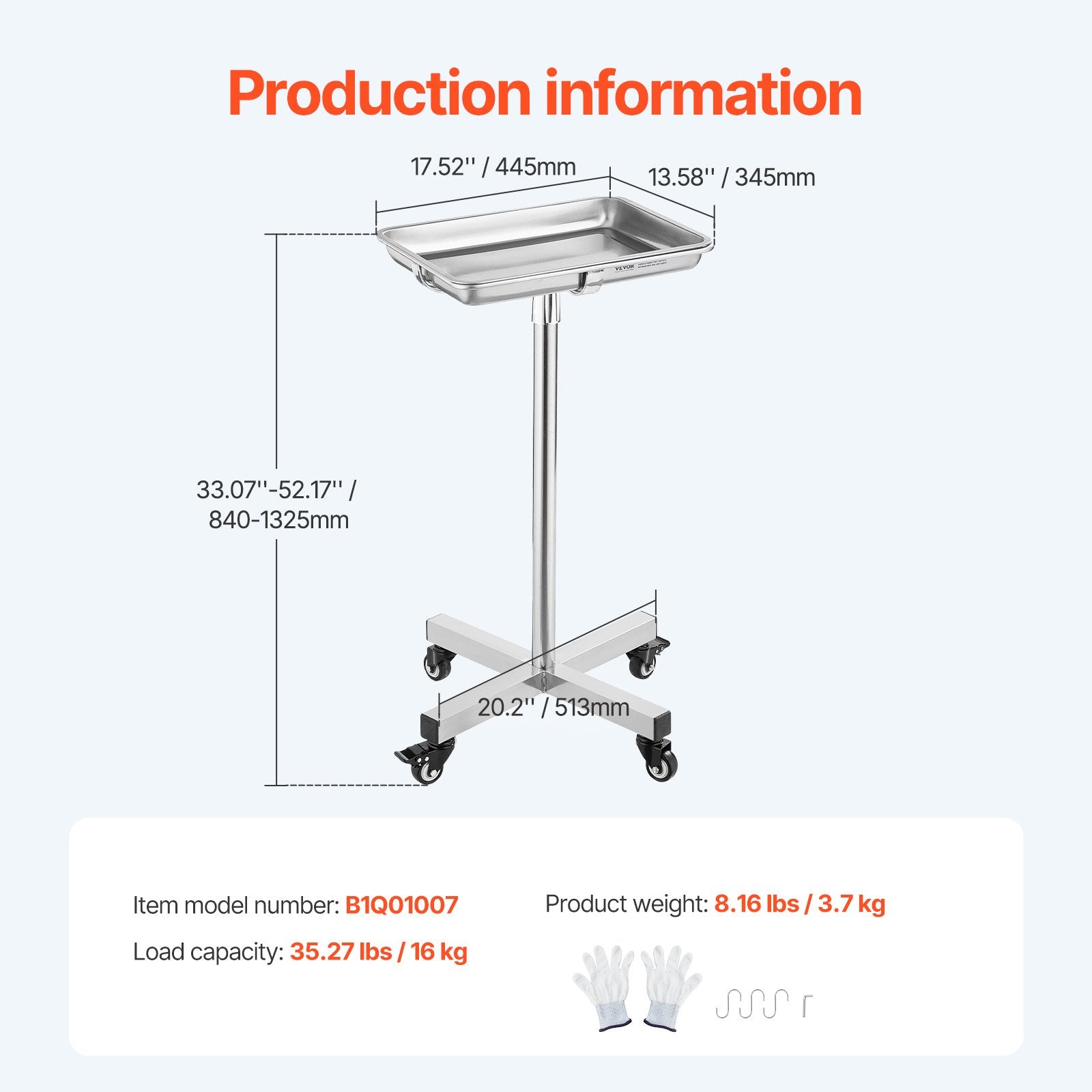 Mayo Stand Stainless Steel Tray Adjustable 25.2"-39.8" Medical Tray on Wheels