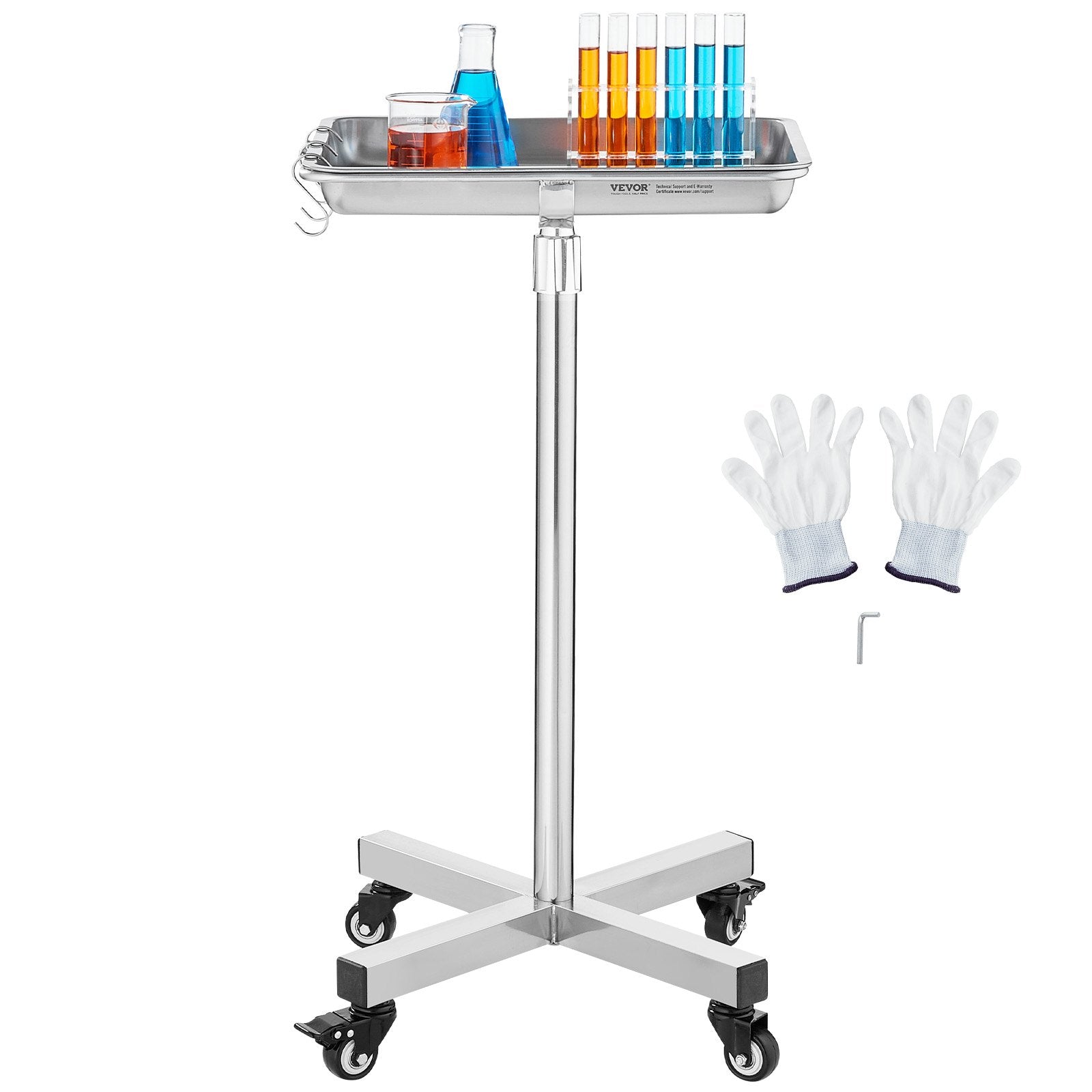 Mayo Stand Stainless Steel Tray Adjustable 25.2"-39.8" Medical Tray on Wheels