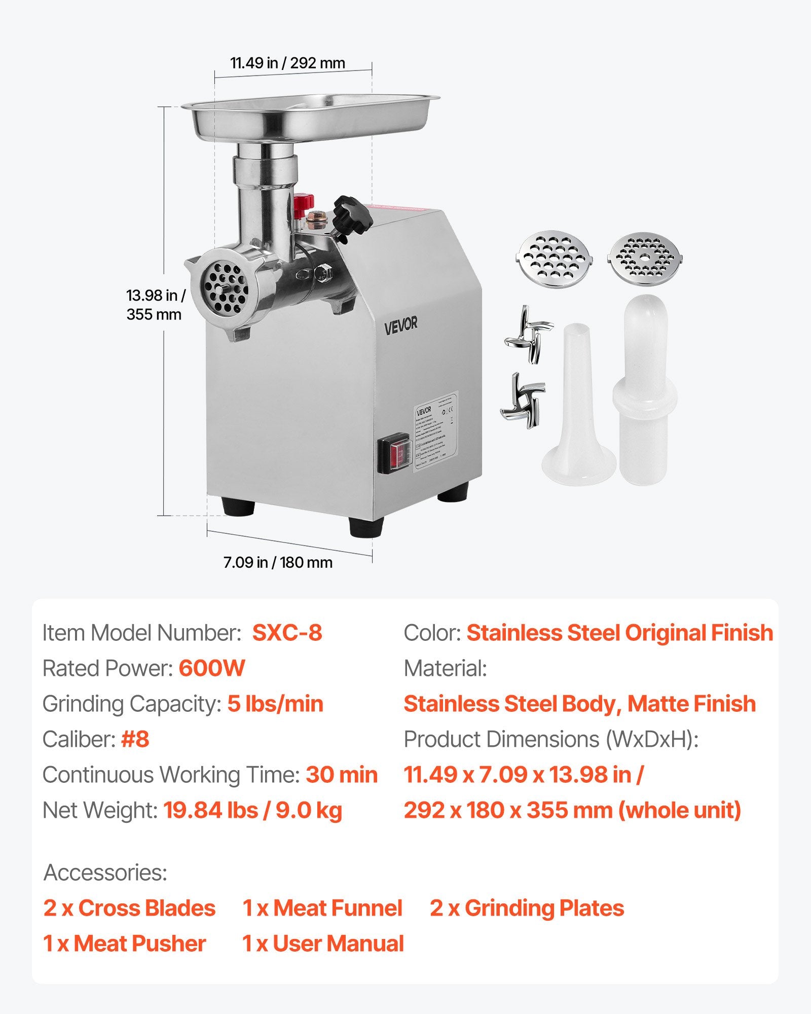 Electric Meat Grinder 4.5lbs/Min Industrial Mincer Blade Plate Sausage Maker