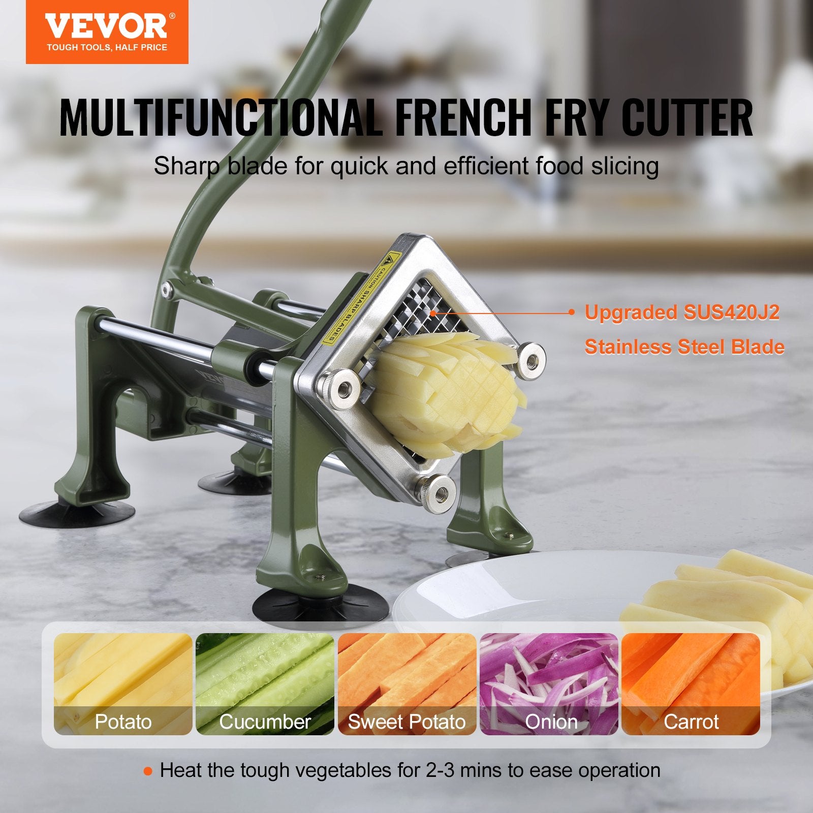 French Fry Cutter Potato Slicer 1/2 3/8 1/4in Stainless Steel Blades Suction