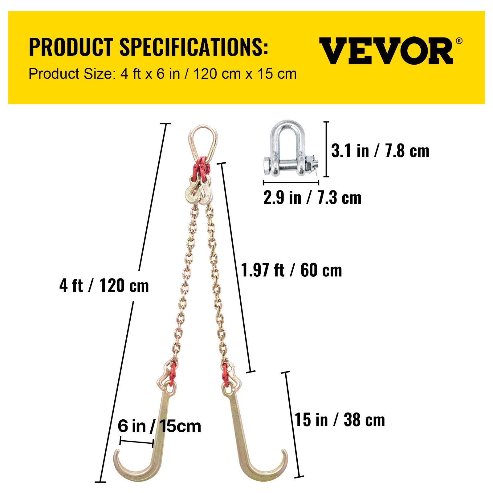 G80 V Bridle Chain 8mm x 60cm with J T Grab Hooks 4898kg Safe Load