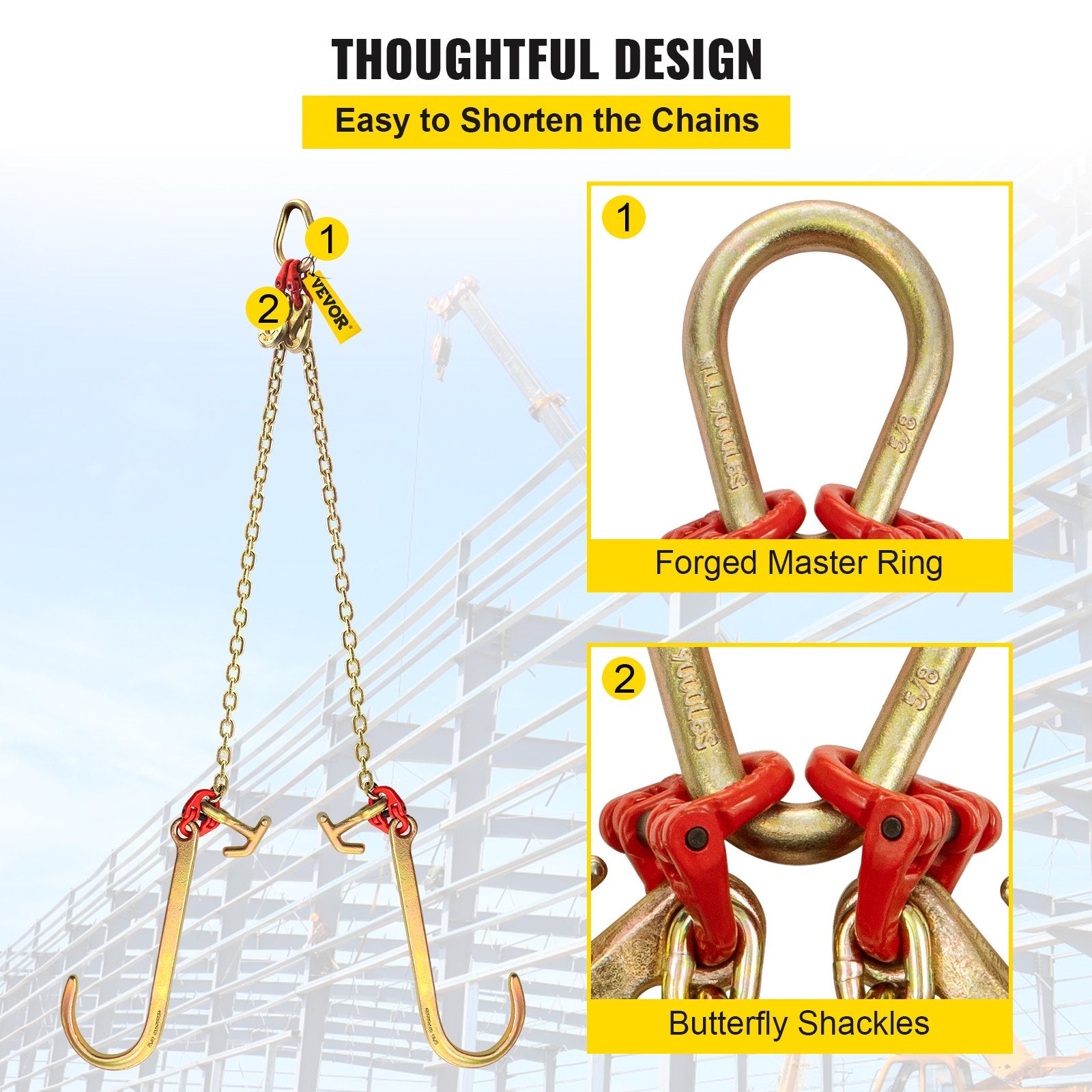 V Bridle Chain 5/16"x2ft Grade 80 9260lbs Tow Chain with TJ & Grab Hooks