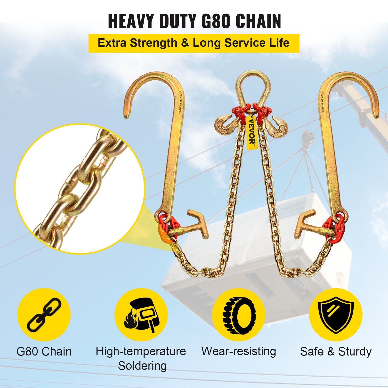 V Bridle Chain 5/16"x2ft Grade 80 9260lbs Tow Chain with TJ & Grab Hooks