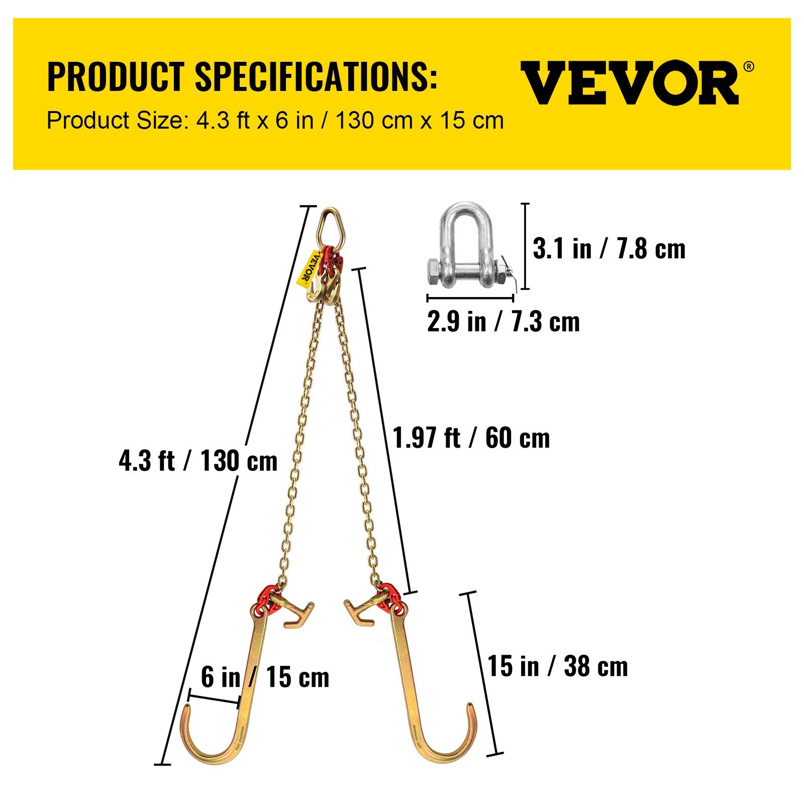 V Bridle Chain 5/16"x2ft Grade 80 9260lbs Tow Chain with TJ & Grab Hooks