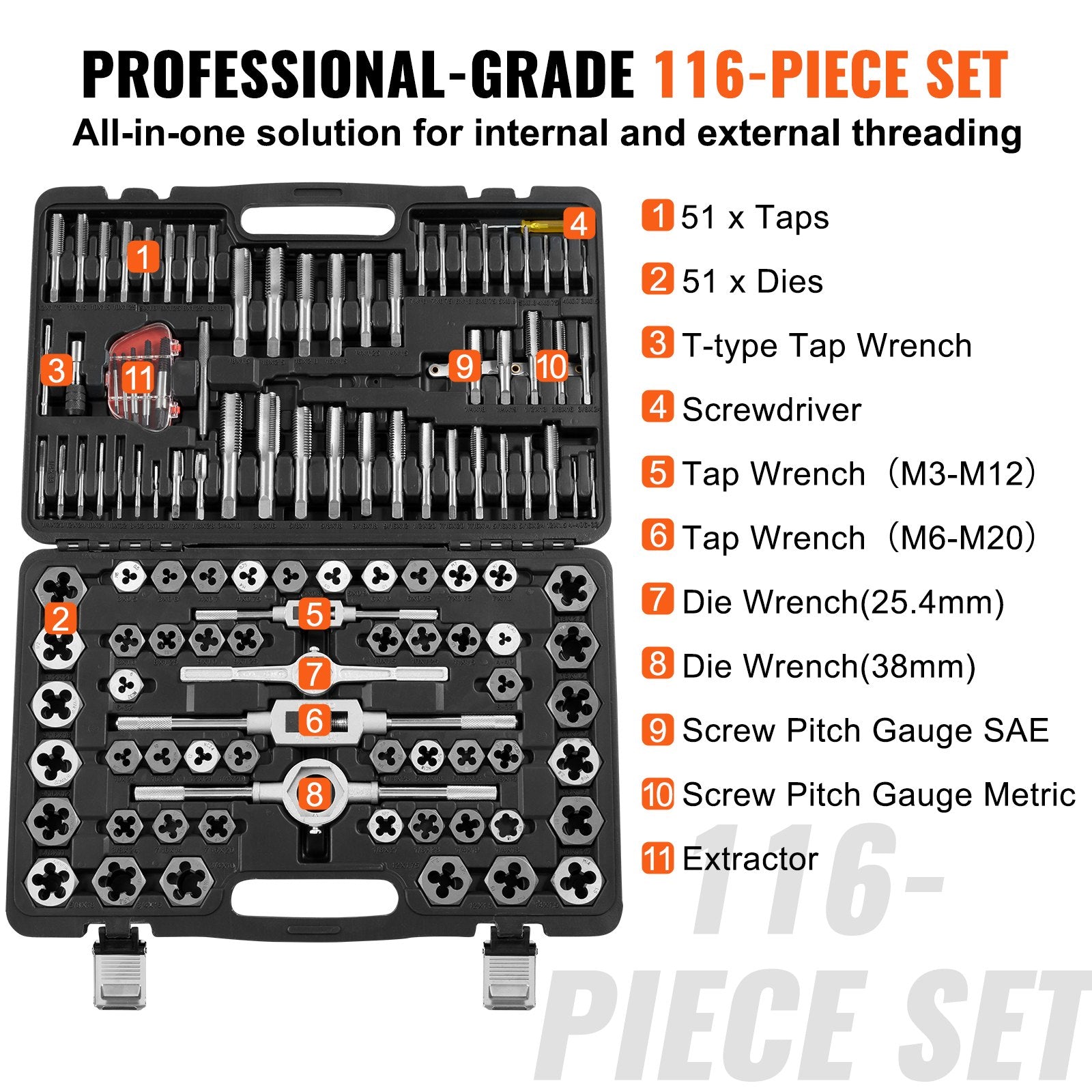 Tap and Die Set 116-Piece Metric SAE Bearing Steel Accessories Storage Case