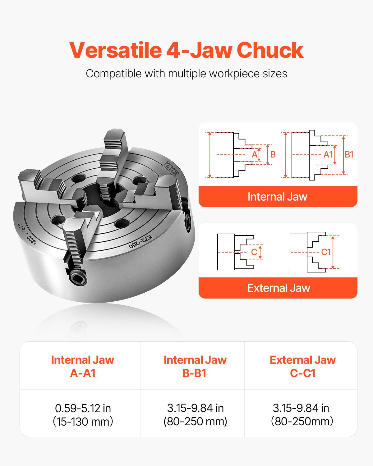 4-Jaw Lathe Chuck 10in, 15-250mm Clamping, Reversible Jaws, HT300 Cast Iron