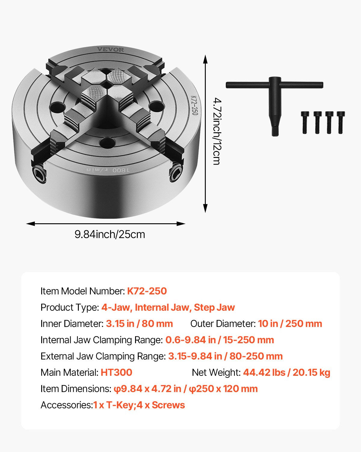 4-Jaw Lathe Chuck 10in, 15-250mm Clamping, Reversible Jaws, HT300 Cast Iron