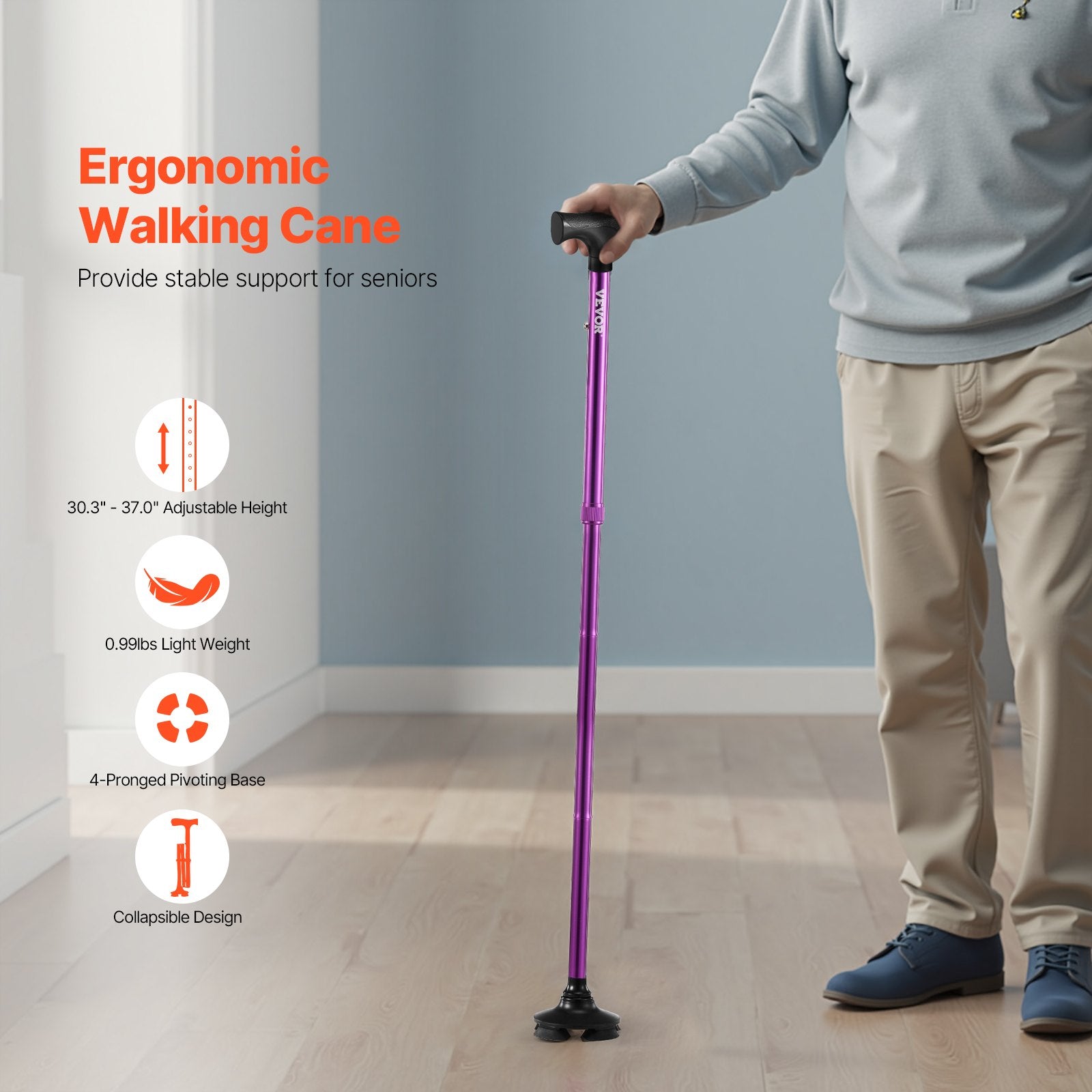 Walking Cane Folding Men Women Adjustable Height 4-Prong Base Aluminum Aid