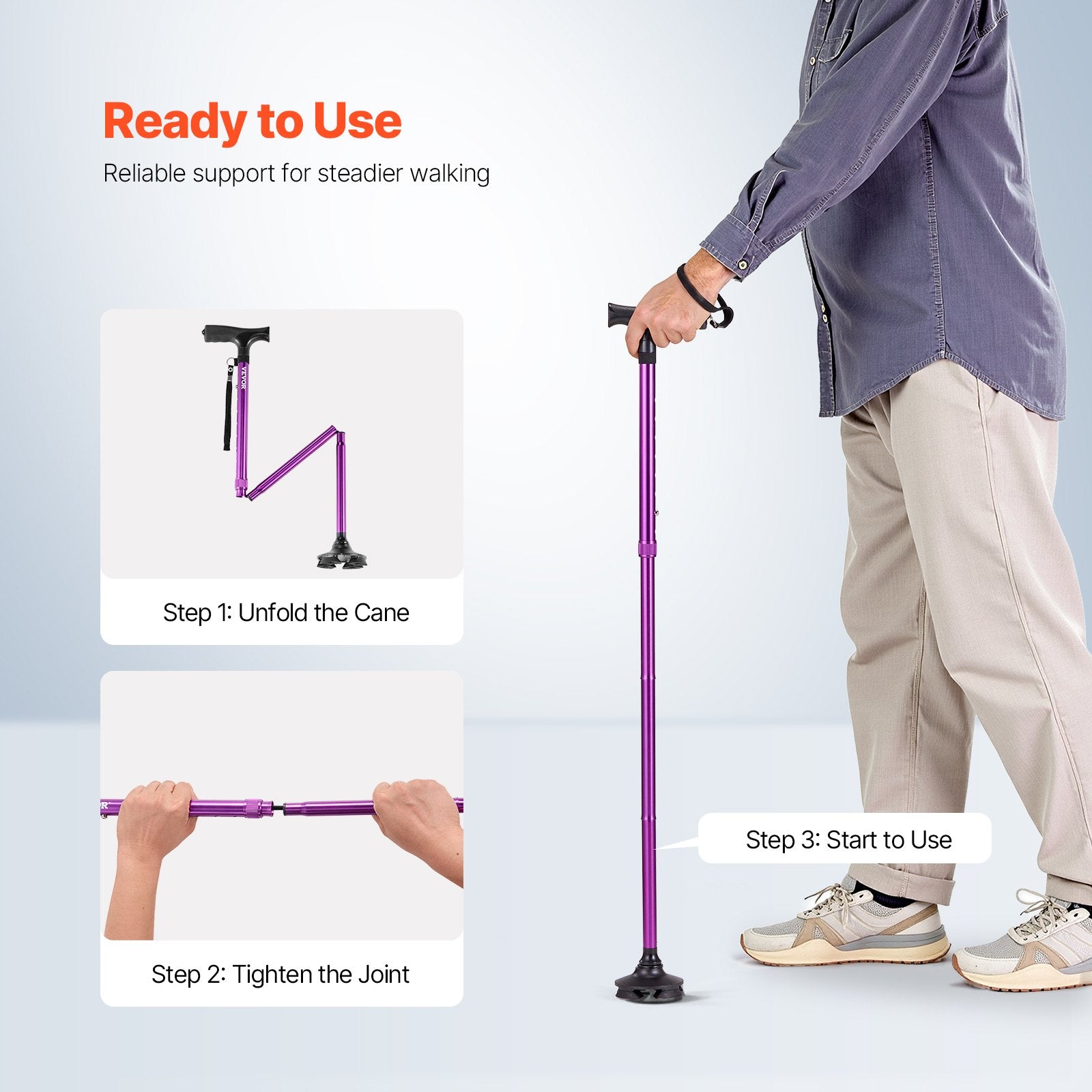 Walking Cane Folding Men Women Adjustable Height 4-Prong Base Aluminum Aid