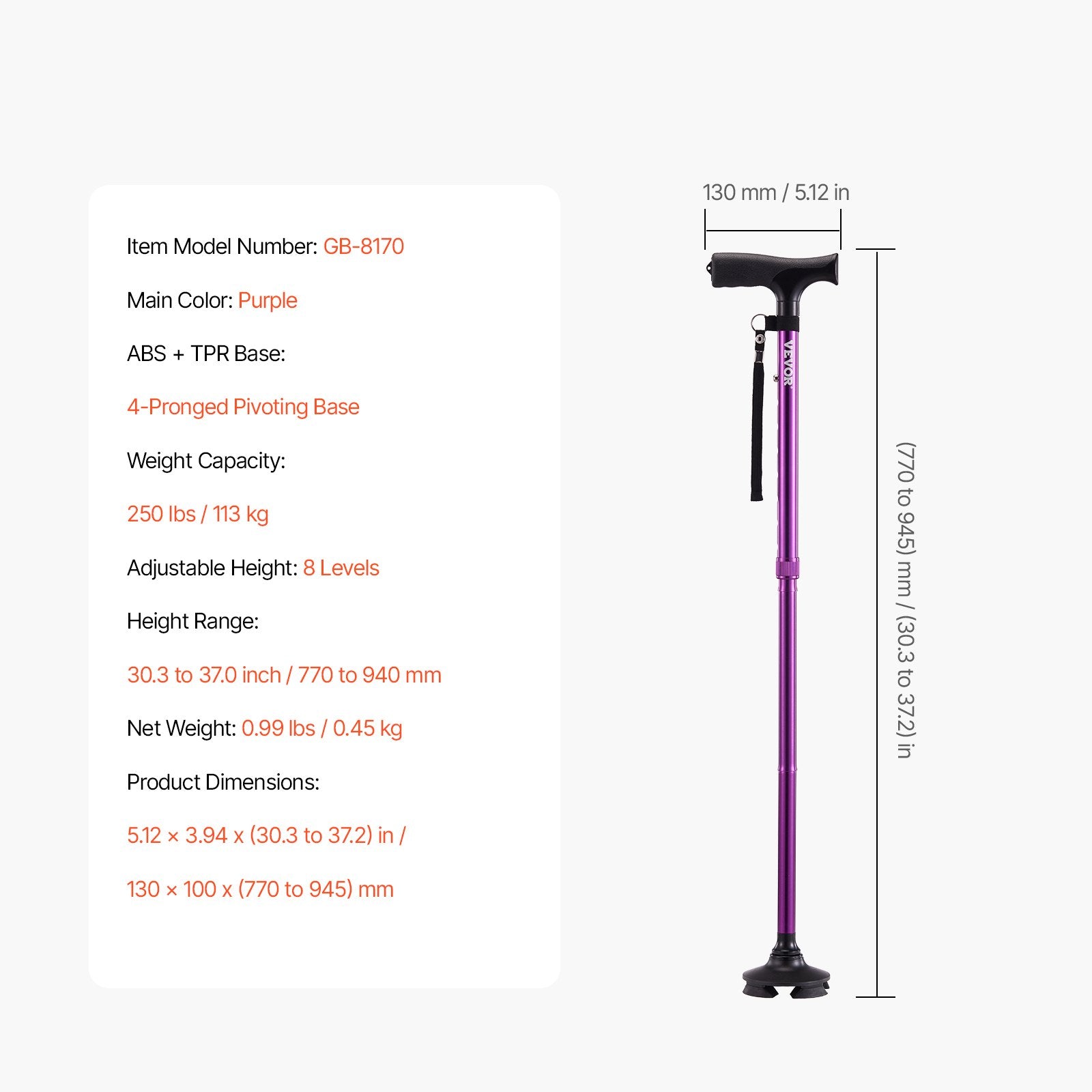 Walking Cane Folding Men Women Adjustable Height 4-Prong Base Aluminum Aid