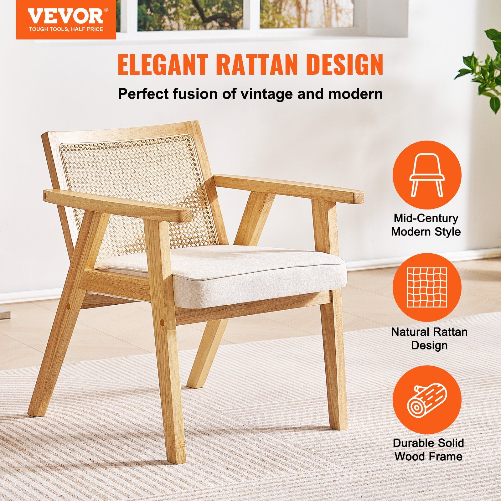 Rattan Chair Mid Century Modern Dining Armrest Upholstered Rattan Back Beige