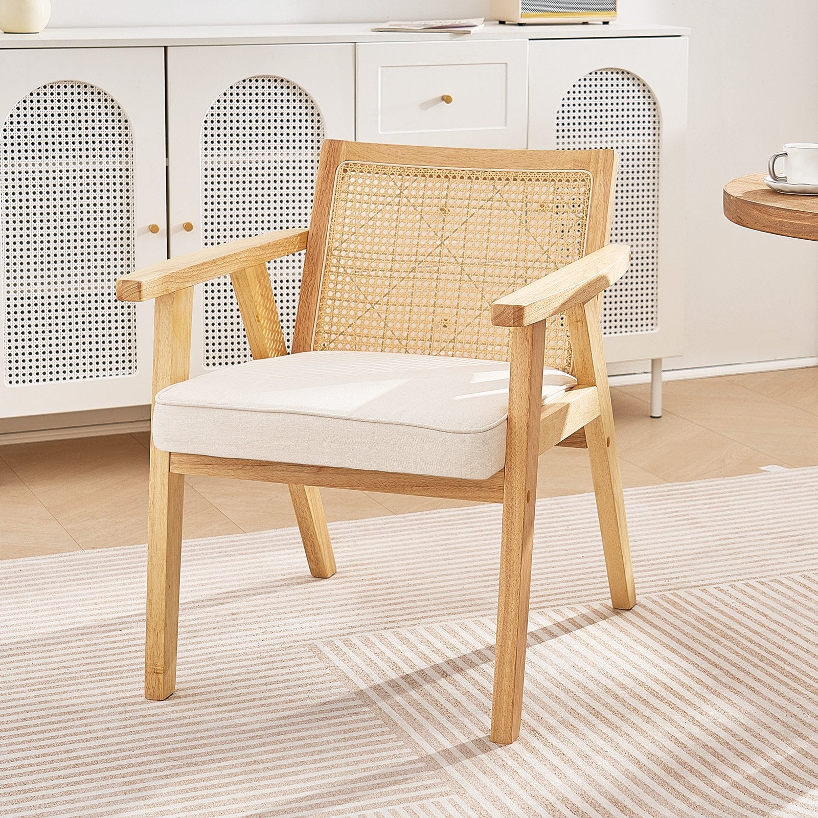 Rattan Chair Mid Century Modern Dining Armrest Upholstered Rattan Back Beige