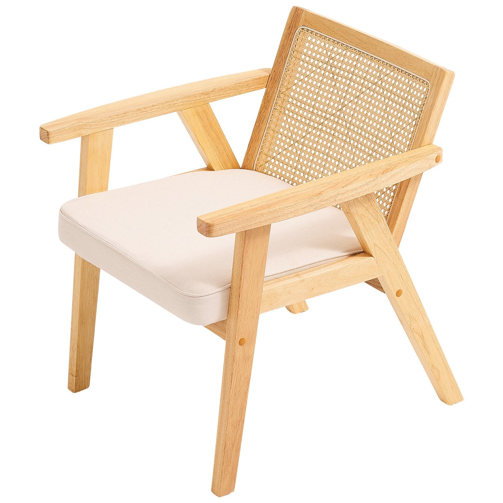 Rattan Chair Mid Century Modern Dining Armrest Upholstered Rattan Back Beige