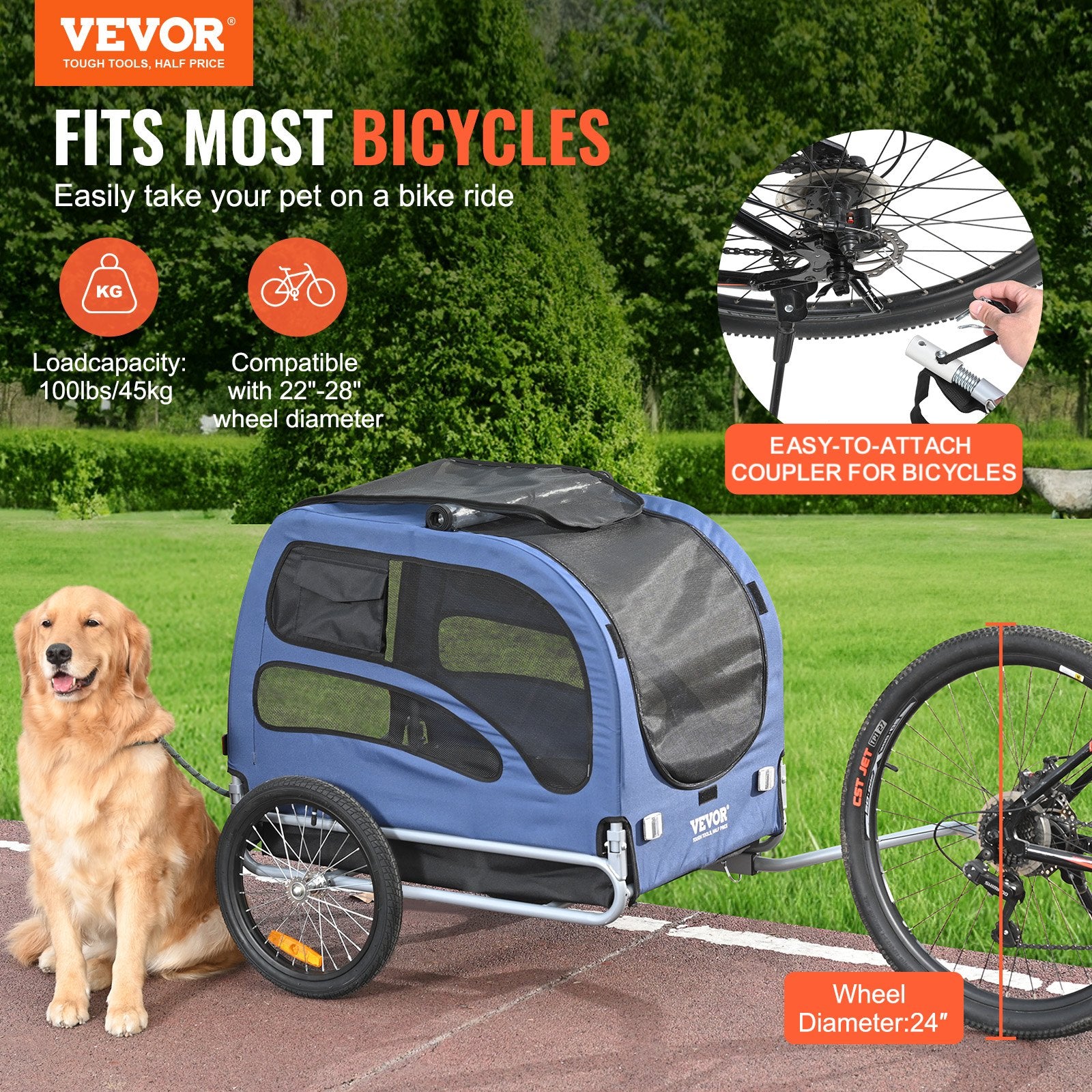 Dog Bike Trailer 45KG Pet Carrier Folding Frame Quick-Release Wheels