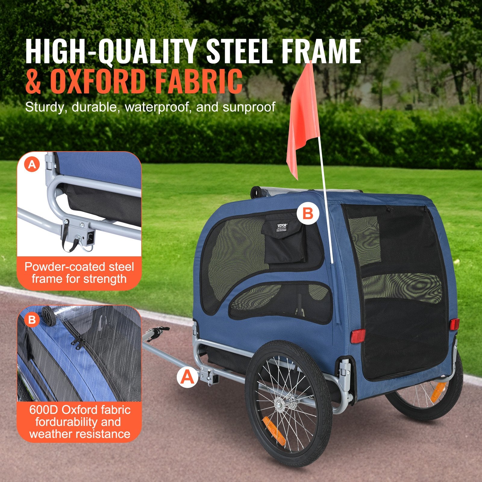Dog Bike Trailer 45KG Pet Carrier Folding Frame Quick-Release Wheels