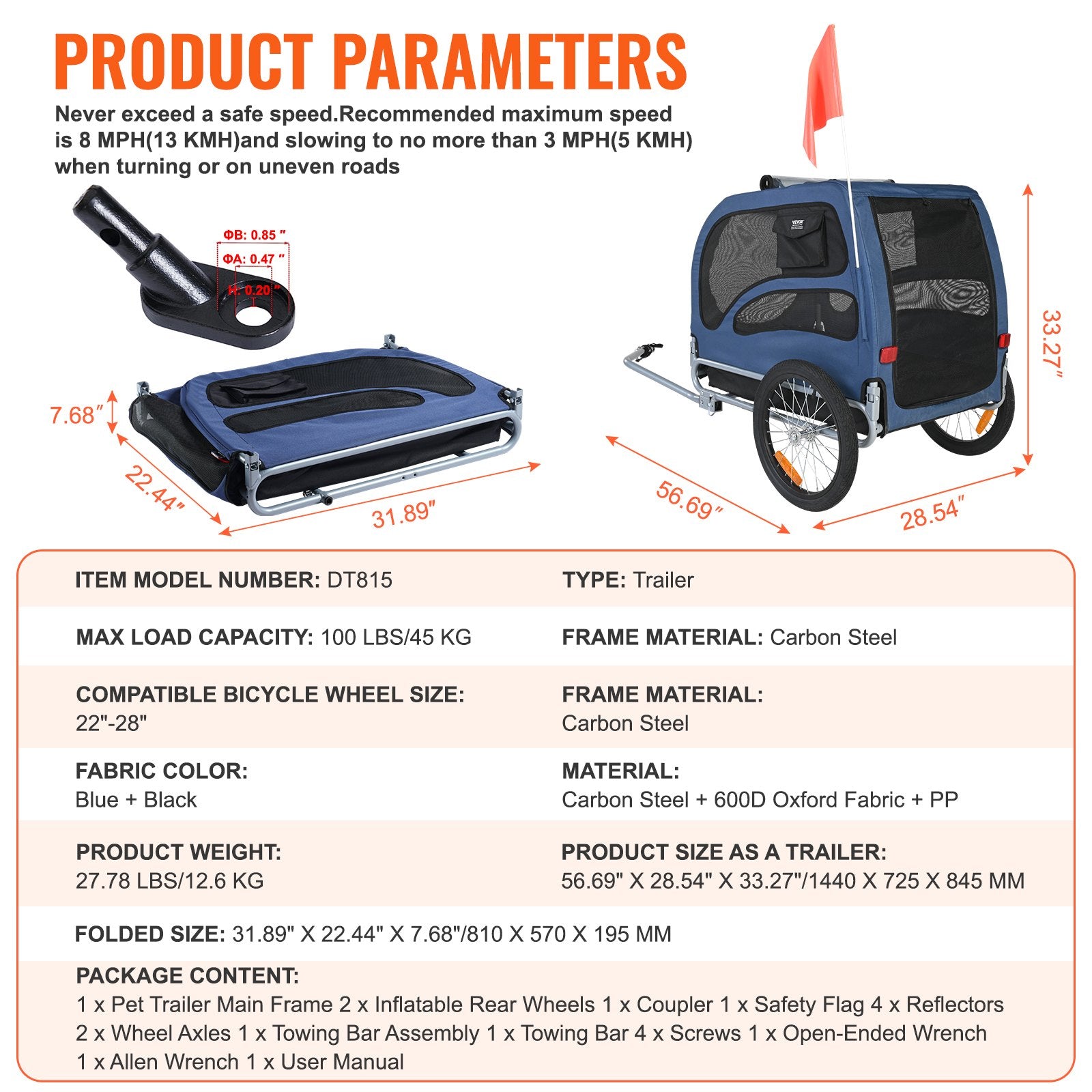 Dog Bike Trailer 45KG Pet Carrier Folding Frame Quick-Release Wheels