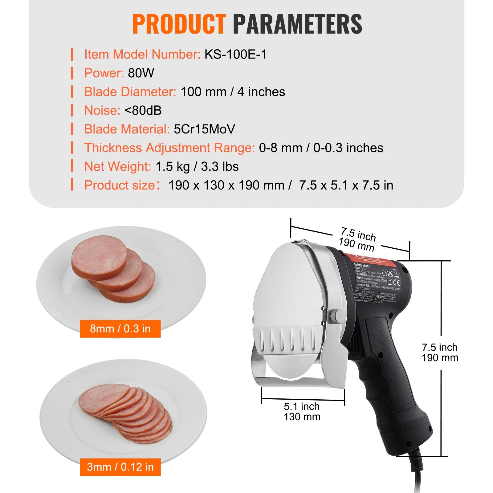 Electric Shawarma Knife 80W Commercial Stainless Steel Gyro Cutter 100mm Blades