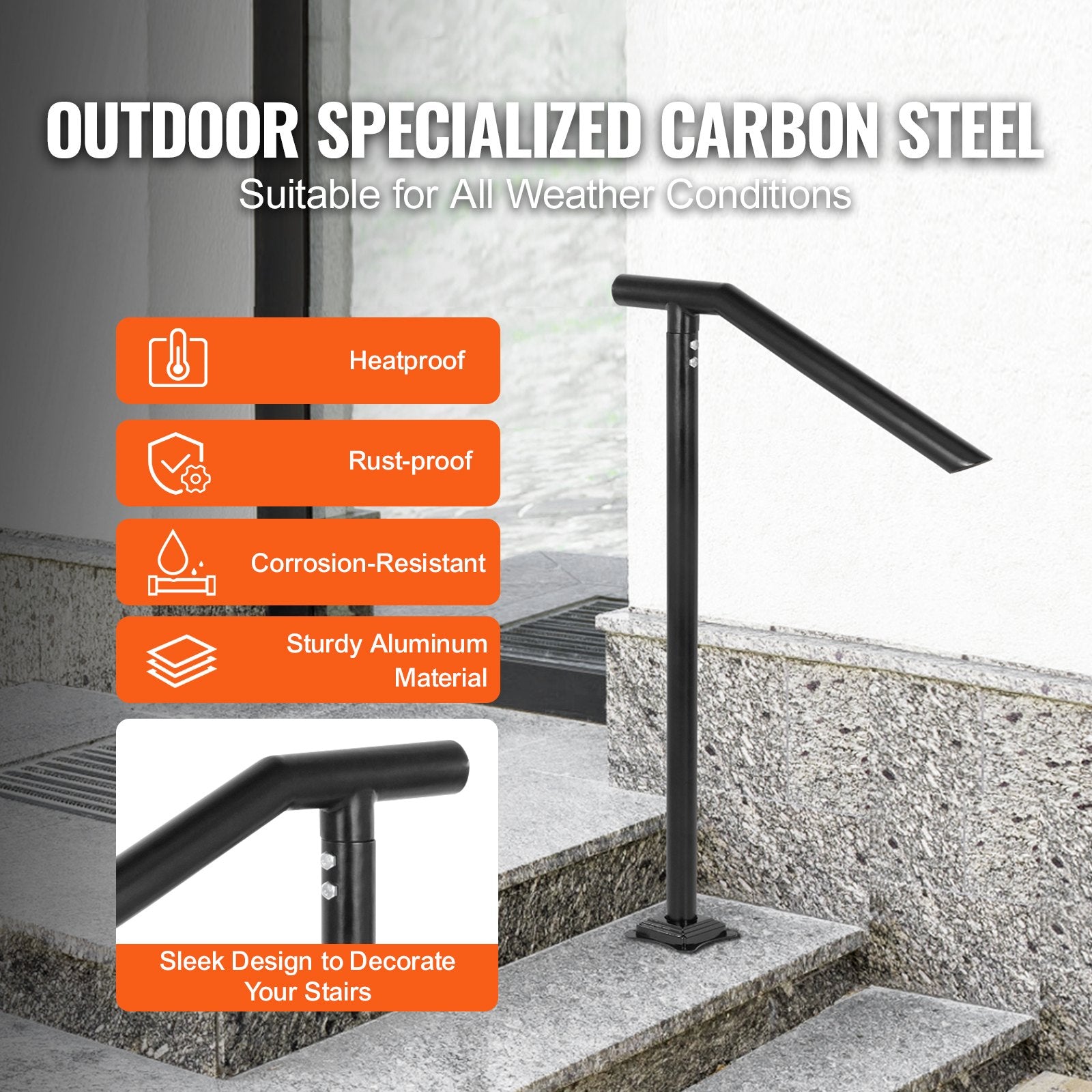 1-3 Step Handrail Railing Steel 150 kg Capacity with Screw Kit