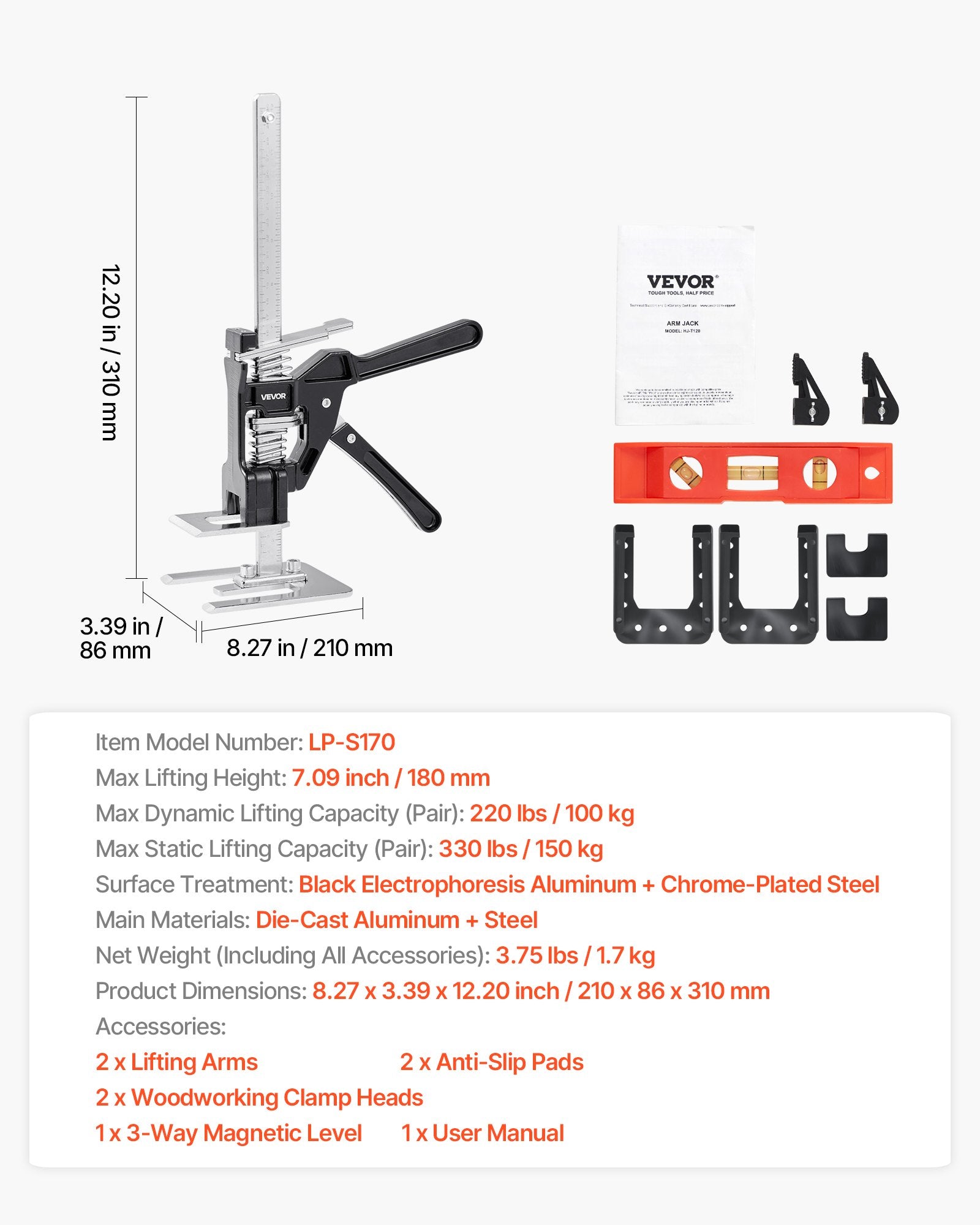 Labor Saving Arm Jack, 2PCS 150kg, 180mm Lift, Metal Hand Jack Tool