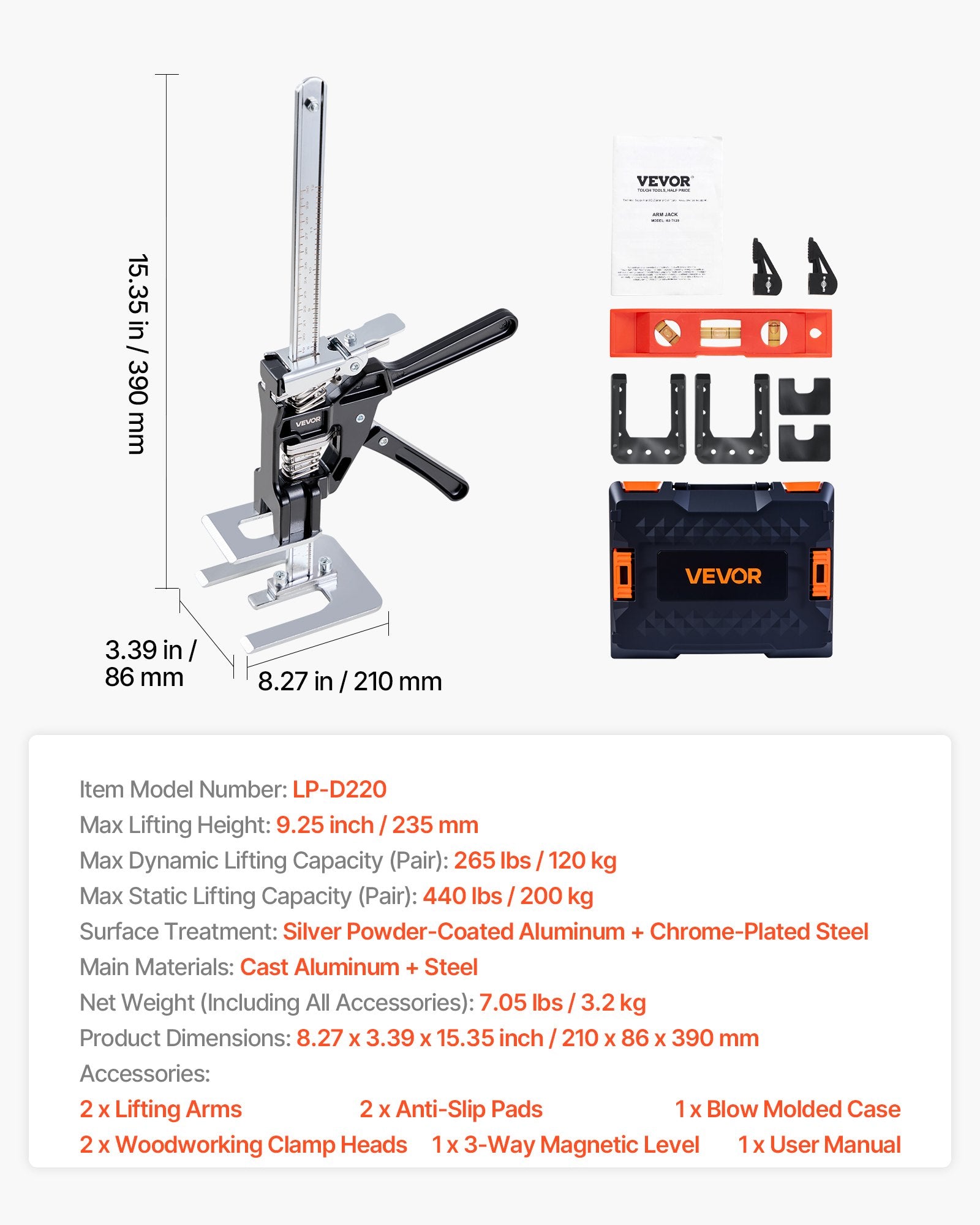 Labor Saving Arm Jack, 2PCS 200kg, 235mm Lift, Metal Hand Jack Tool