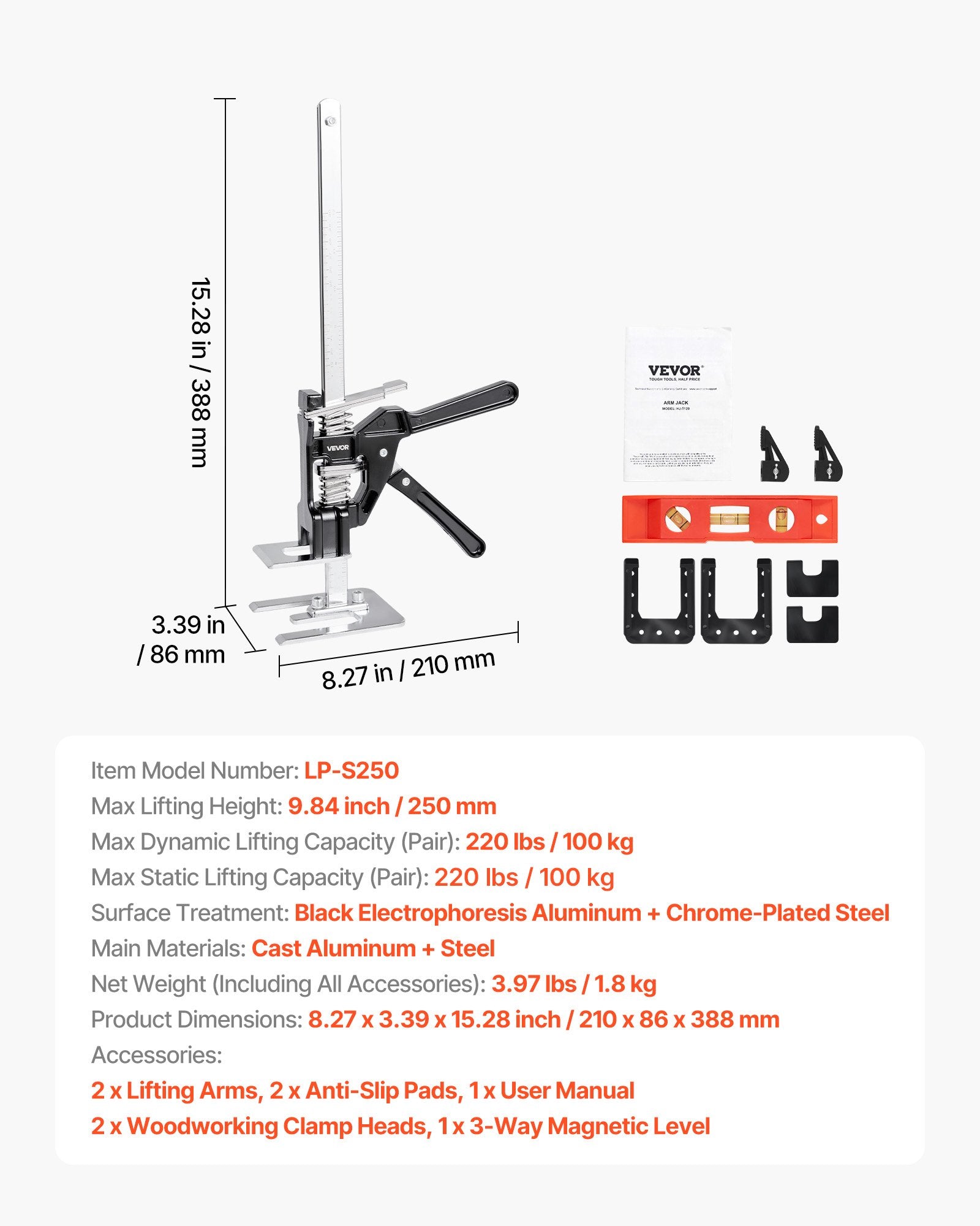 Labor Saving Arm Jack, 2PCS 150kg, 250mm Lift, Metal Hand Jack Tool